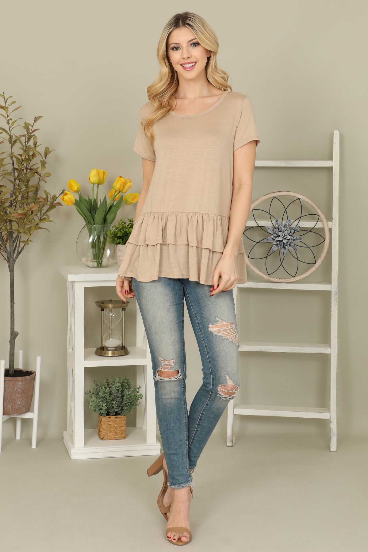 Short Sleeve Layered Ruffle Hem Solid Top