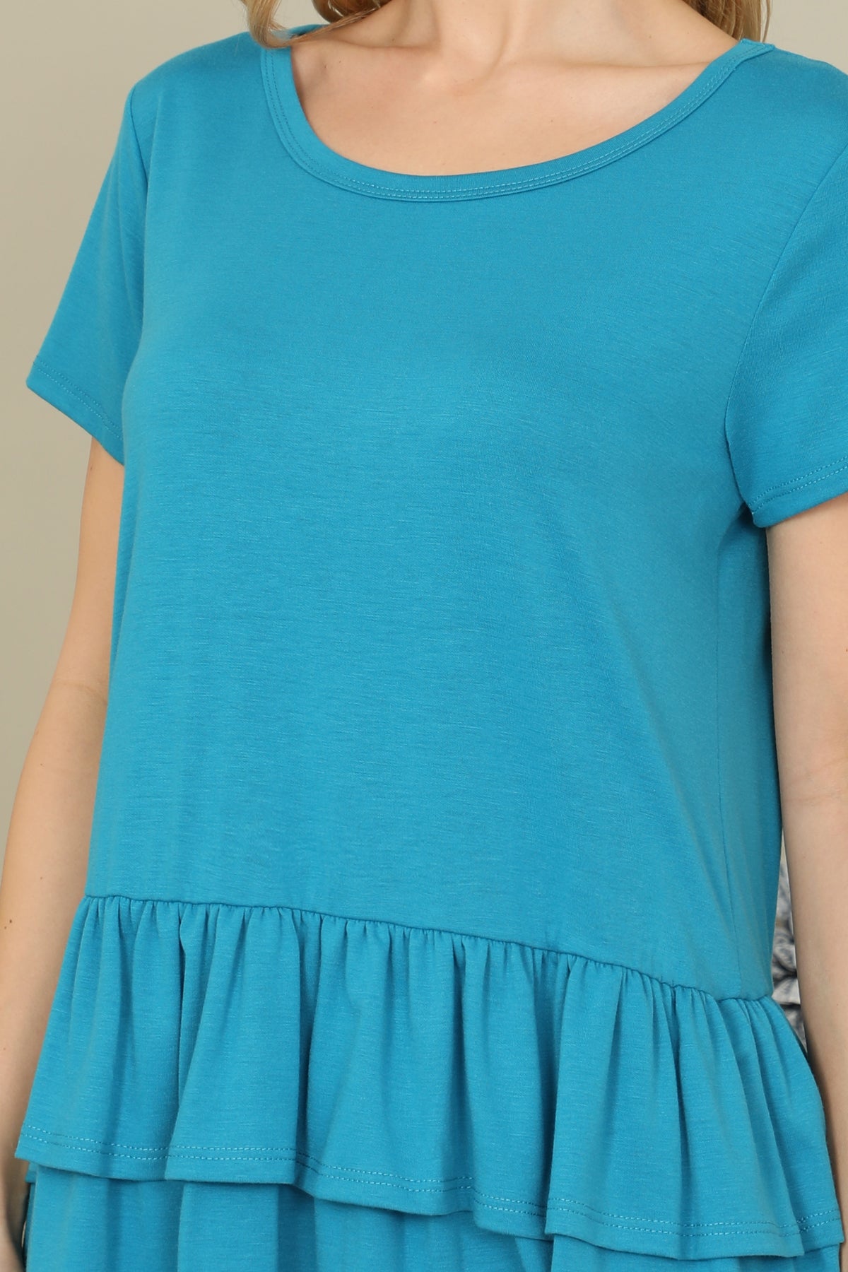 Short Sleeve Layered Ruffle Hem Solid Top