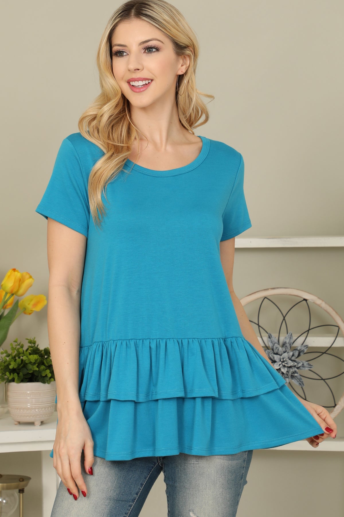 Short Sleeve Layered Ruffle Hem Solid Top
