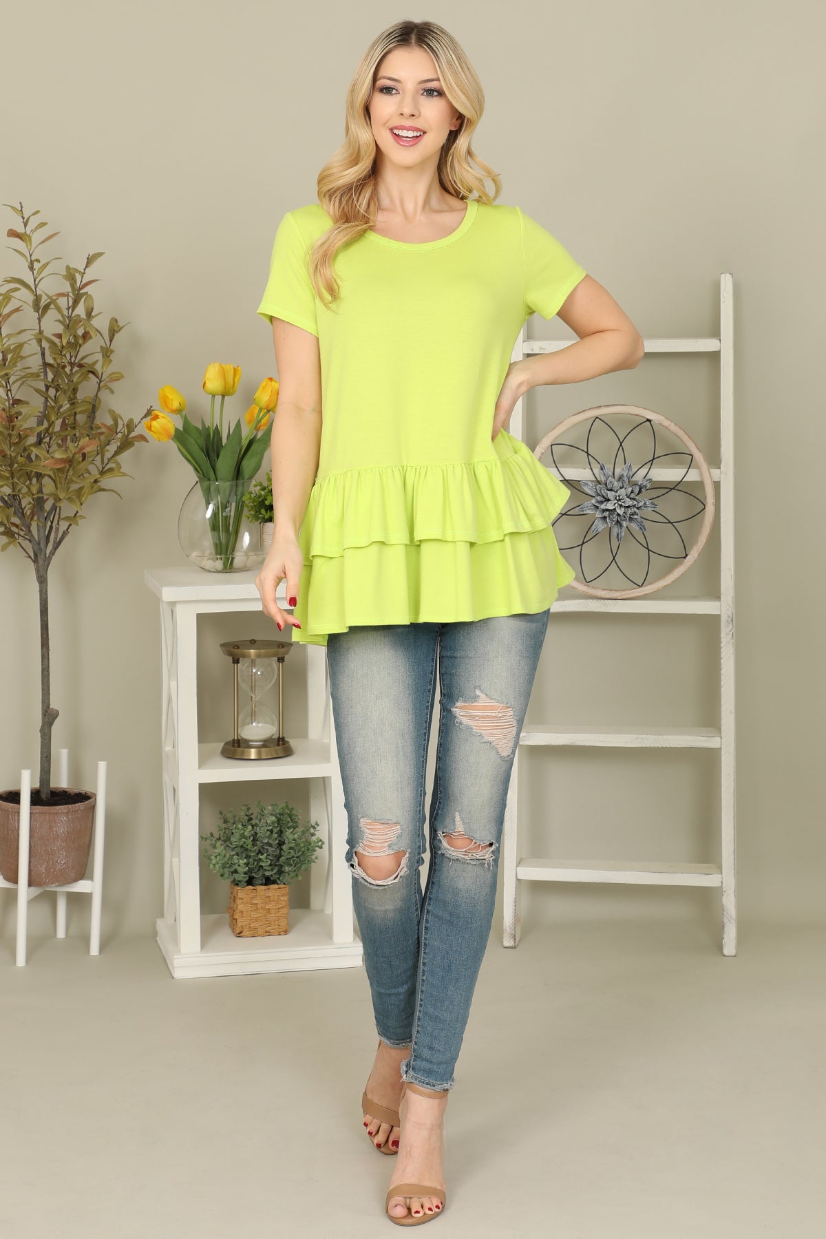 Short Sleeve Layered Ruffle Hem Solid Top