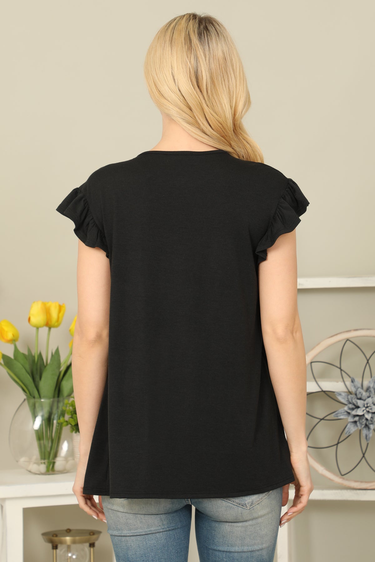 Solid Ruffle Sleeve Tiered Top