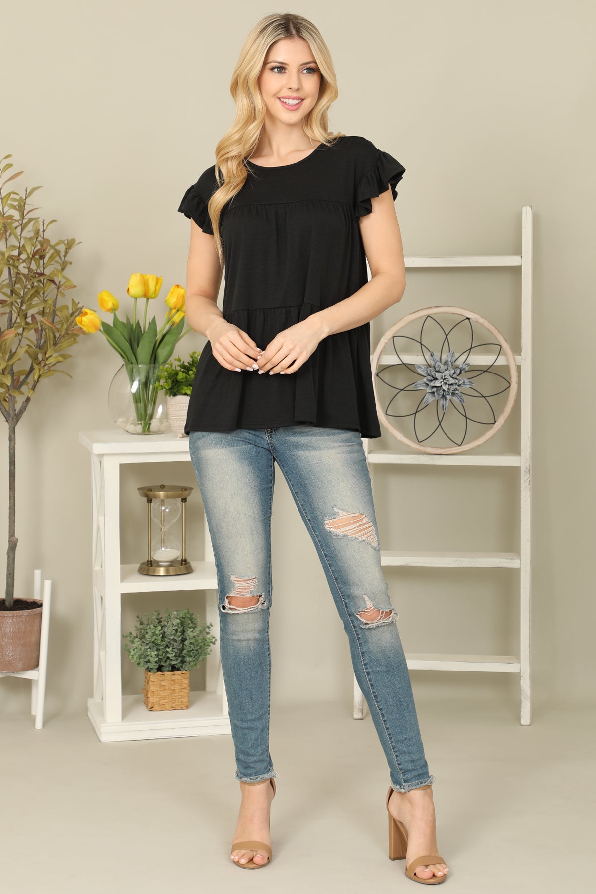Solid Ruffle Sleeve Tiered Top