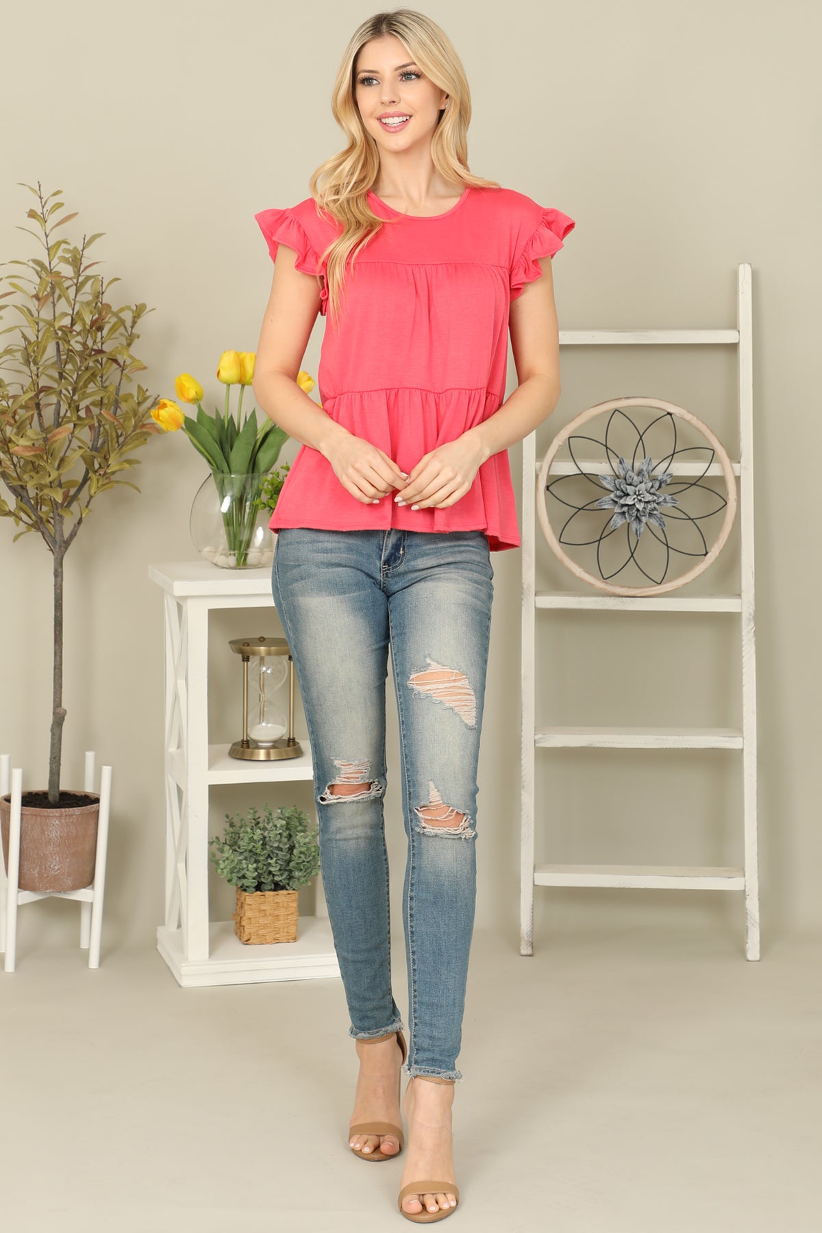 Solid Ruffle Sleeve Tiered Top