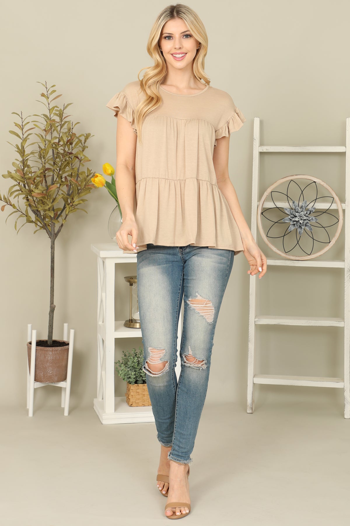 Solid Ruffle Sleeve Tiered Top