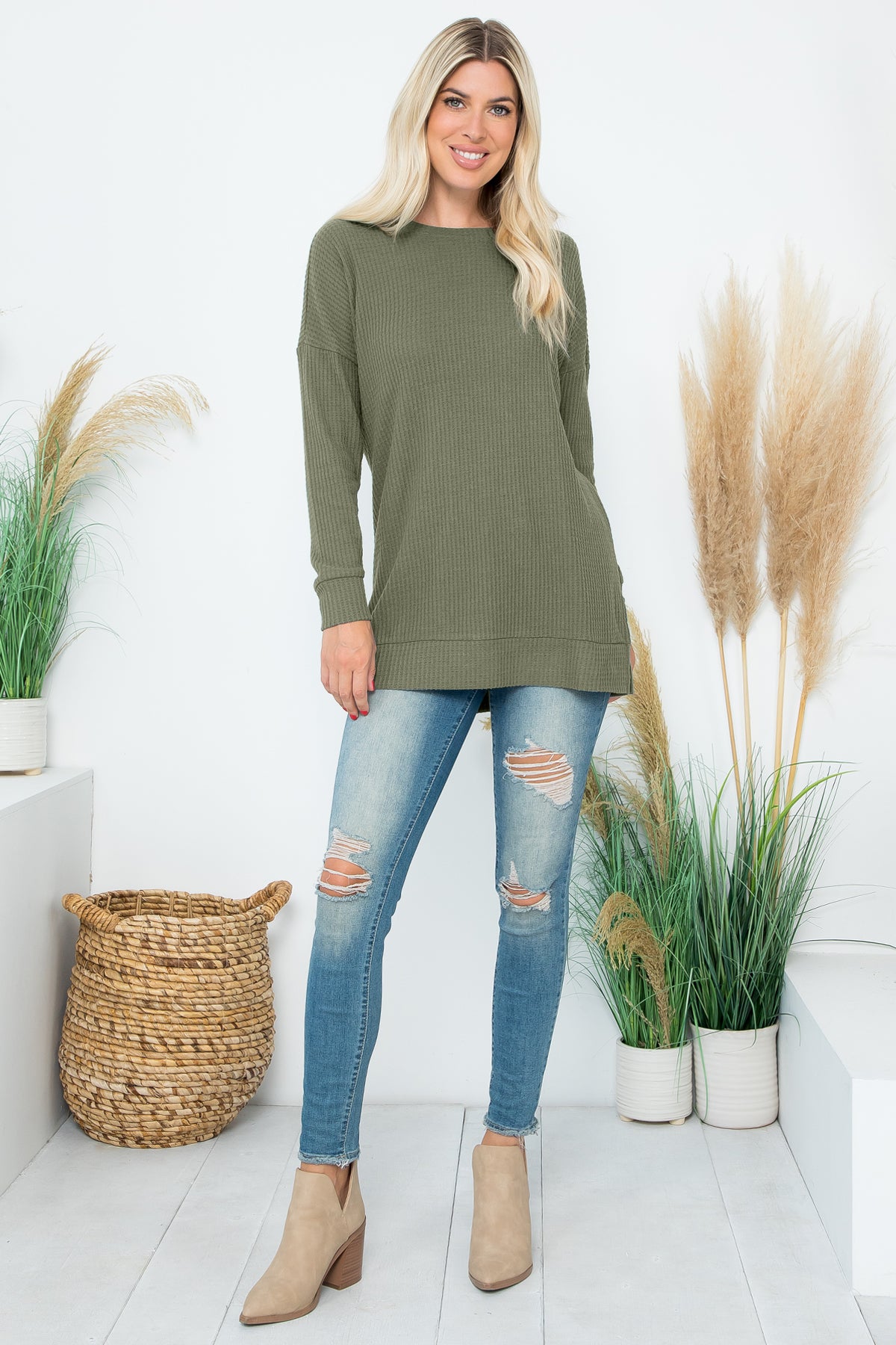 Brushed Waffle Round Neck Side Slit Sweater