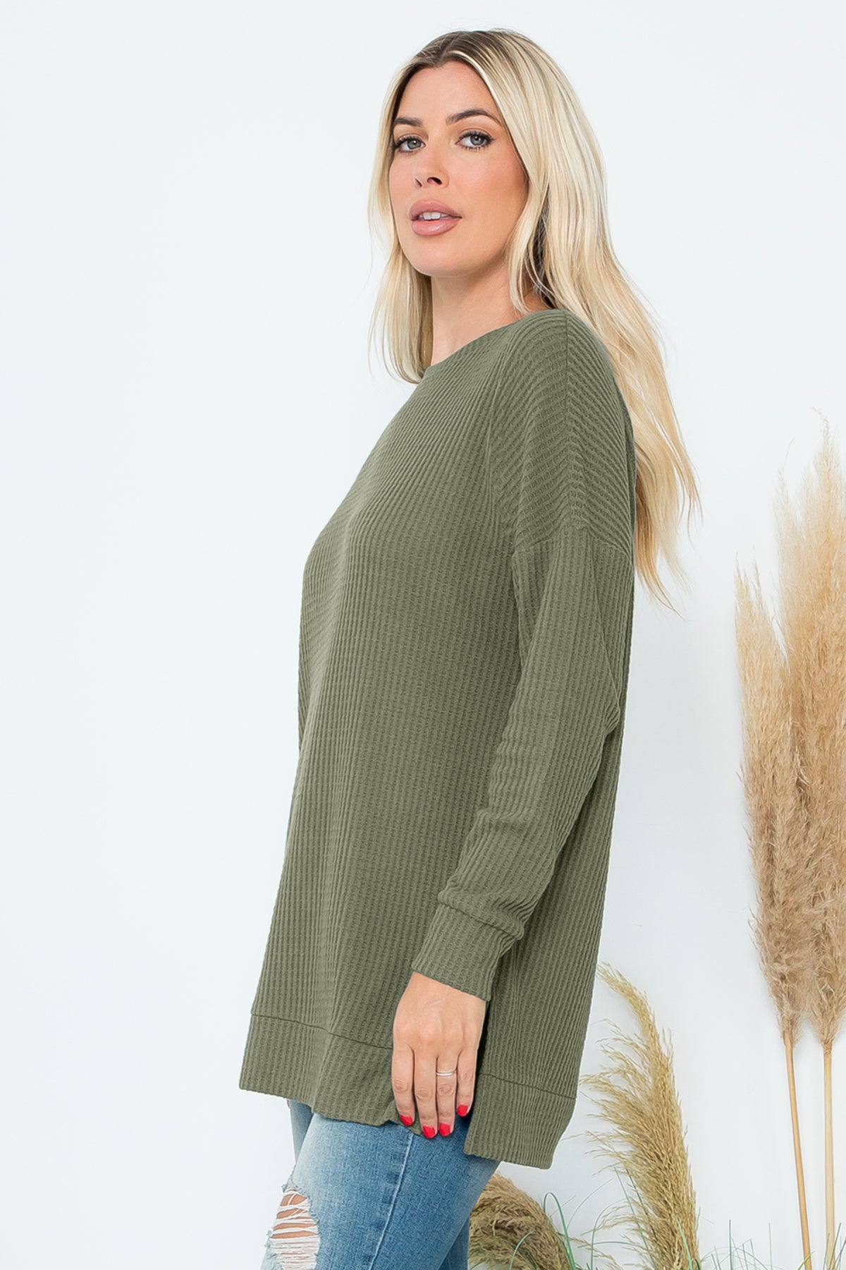 Brushed Waffle Round Neck Side Slit Sweater