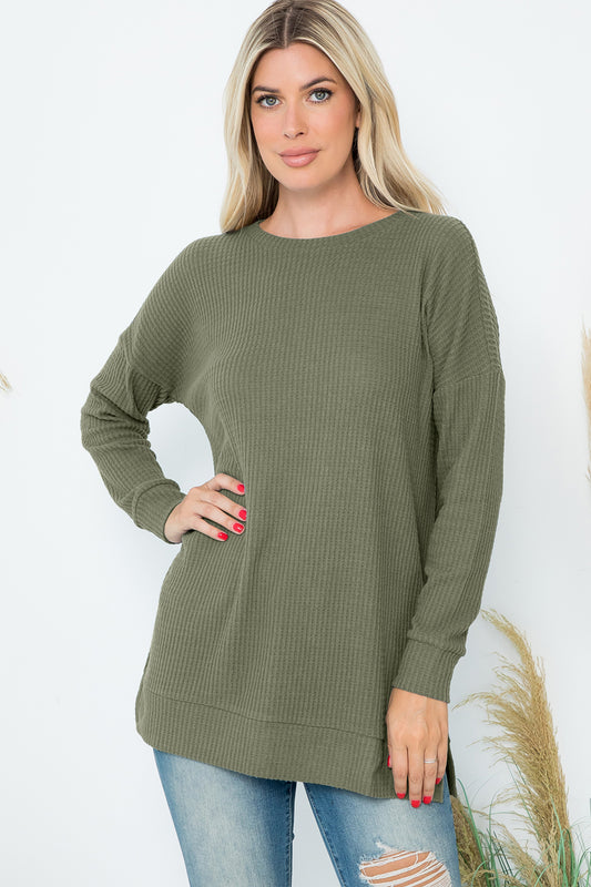 Brushed Waffle Round Neck Side Slit Sweater