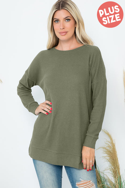 Plus Size Brushed Waffle Round Neck Side Slit Sweater
