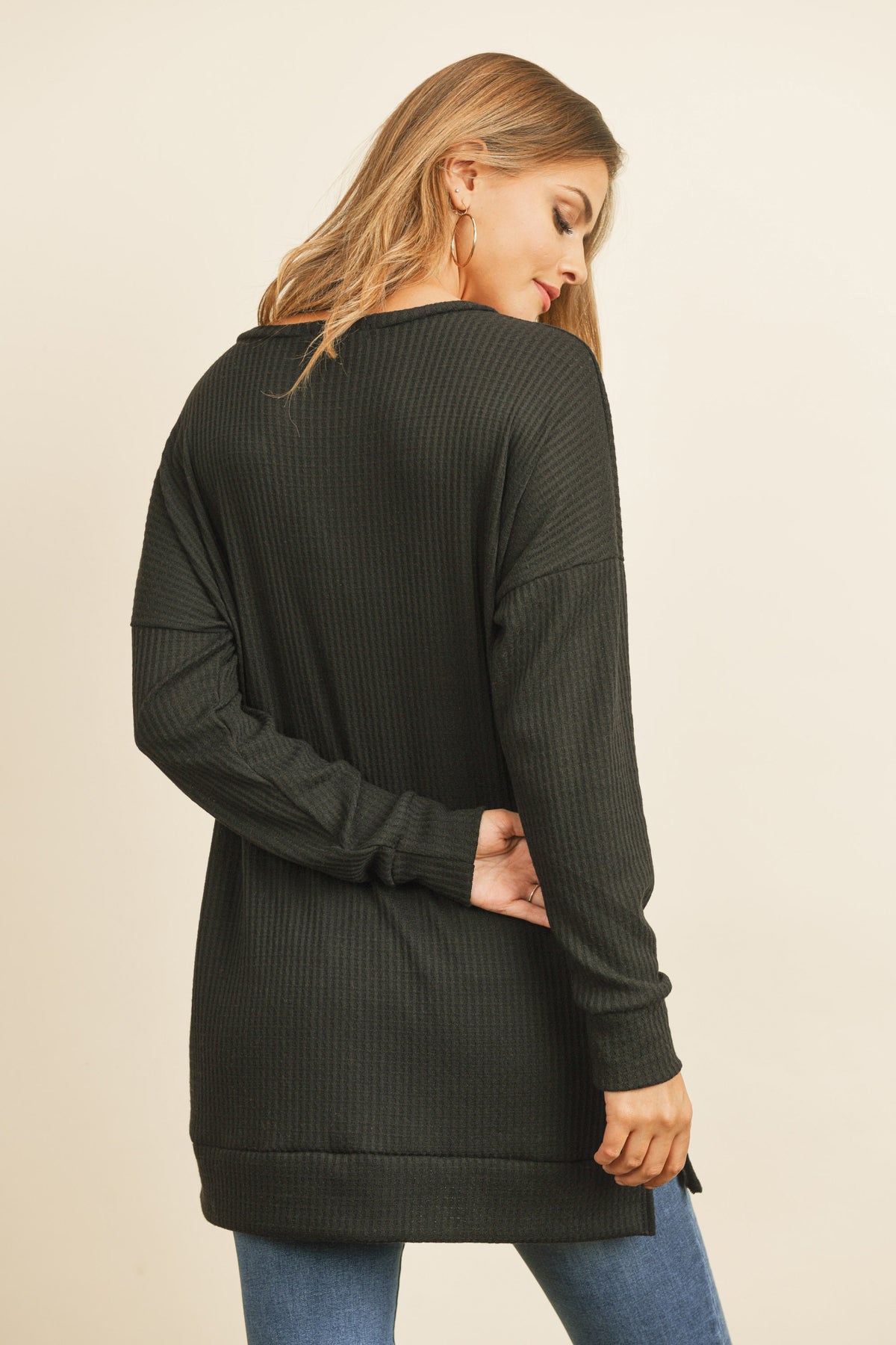 Plus Size Brushed Waffle Round Neck Side Slit Sweater
