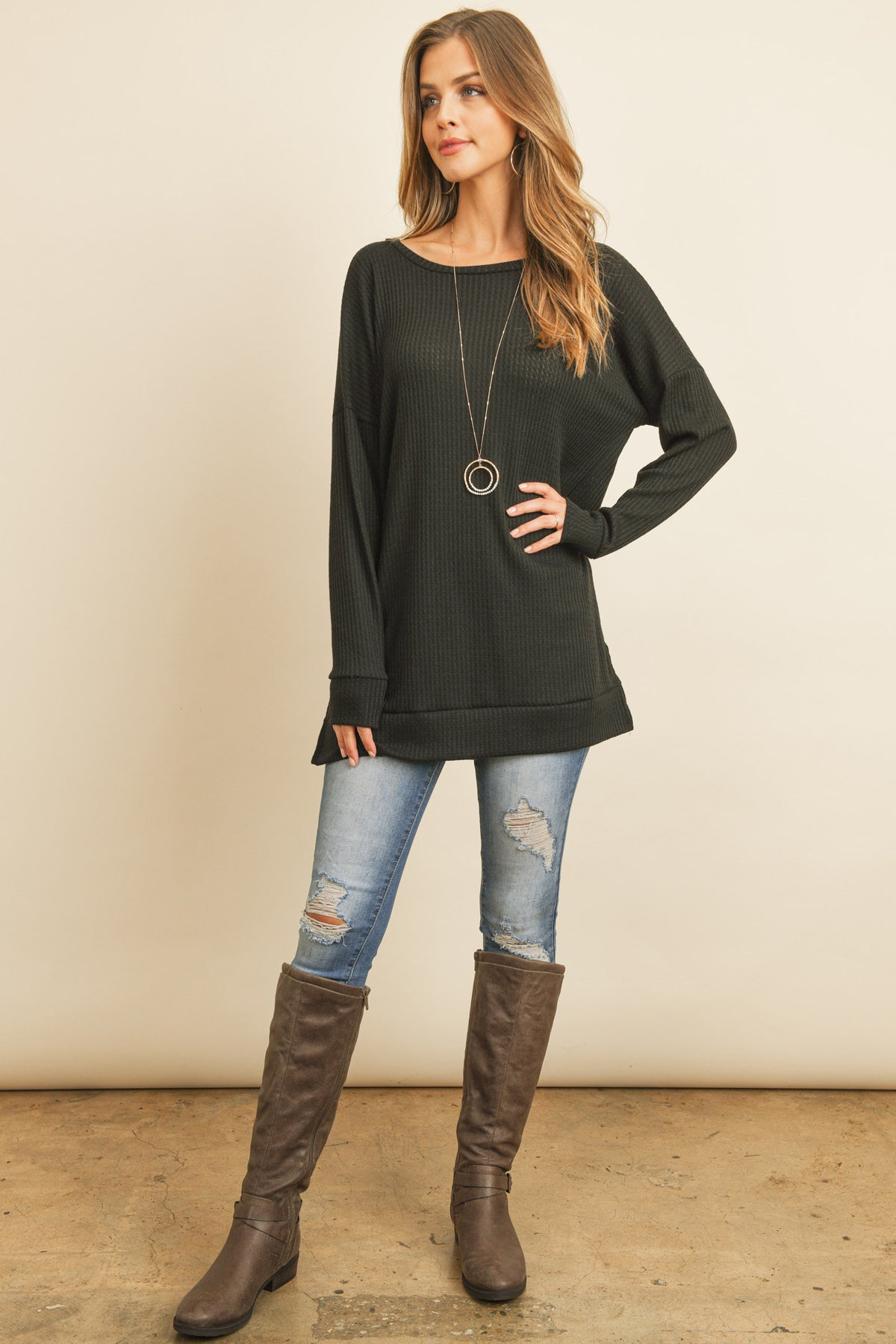 Plus Size Brushed Waffle Round Neck Side Slit Sweater