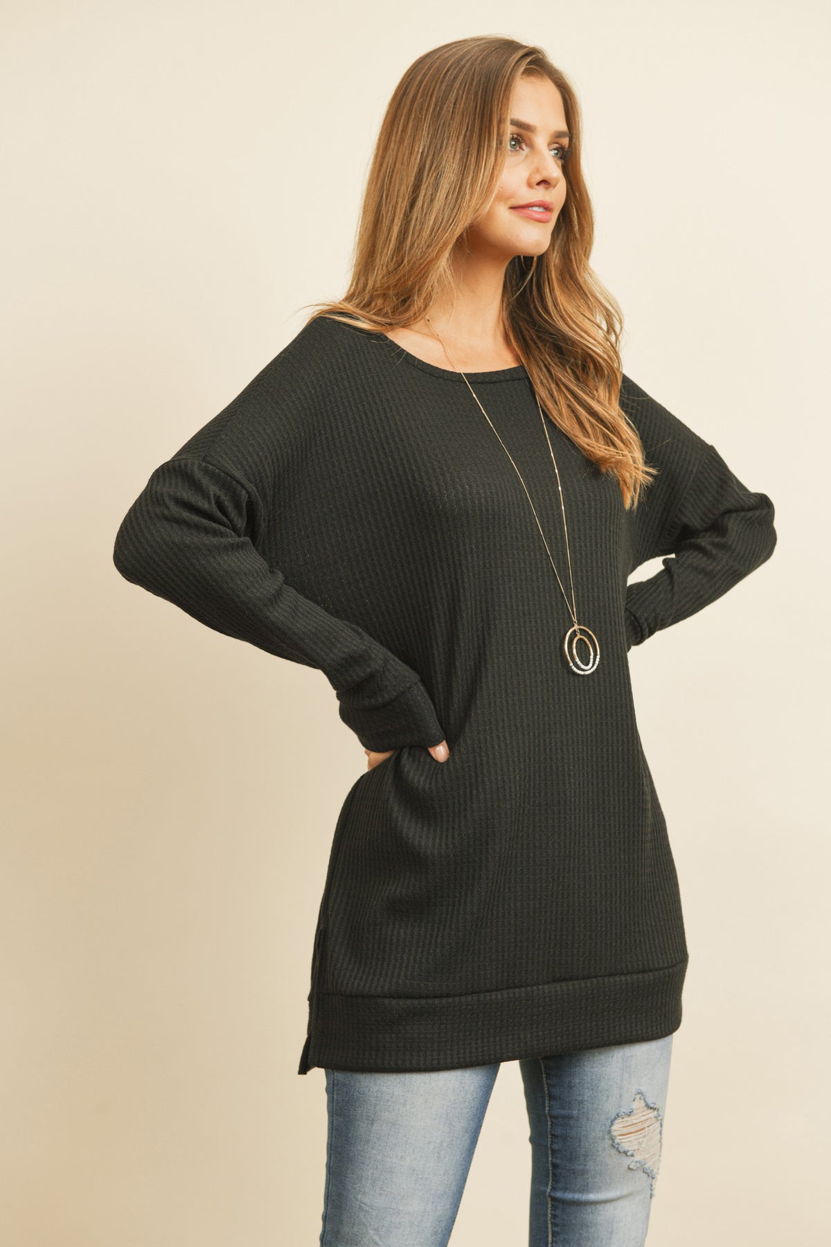 Brushed Waffle Round Neck Side Slit Sweater