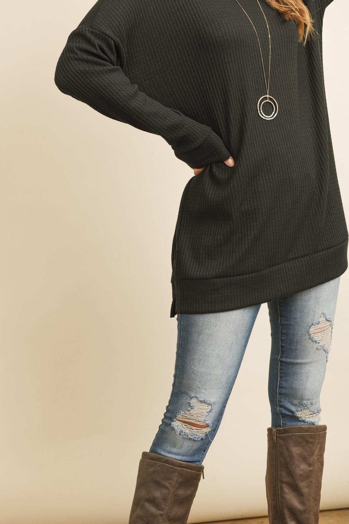 Brushed Waffle Round Neck Side Slit Sweater