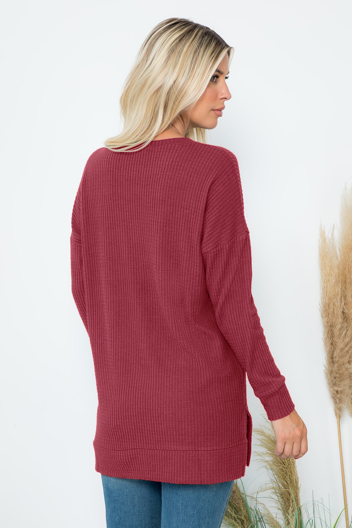 Plus Size Brushed Waffle Round Neck Side Slit Sweater