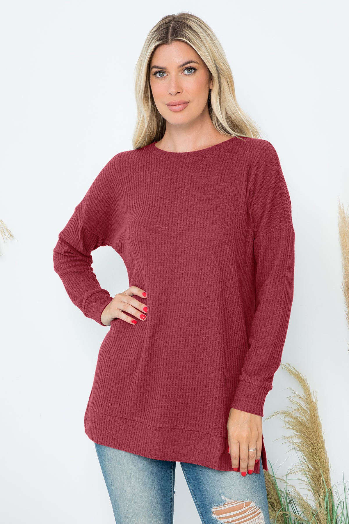 Brushed Waffle Round Neck Side Slit Sweater