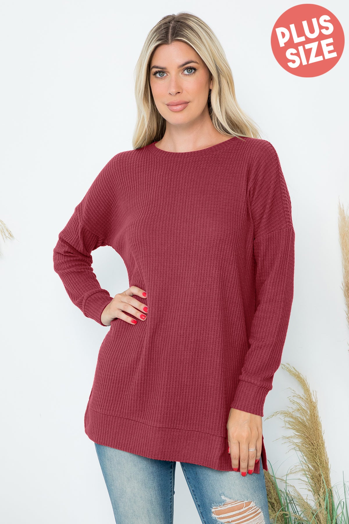 Plus Size Brushed Waffle Round Neck Side Slit Sweater