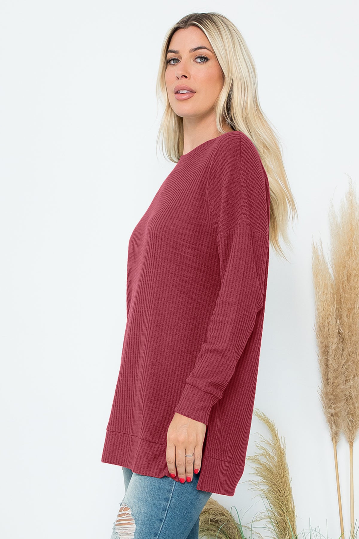 Brushed Waffle Round Neck Side Slit Sweater