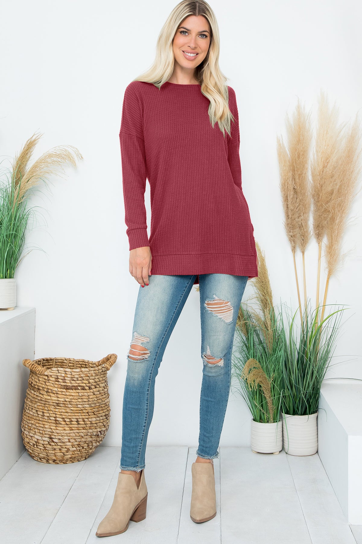 Brushed Waffle Round Neck Side Slit Sweater