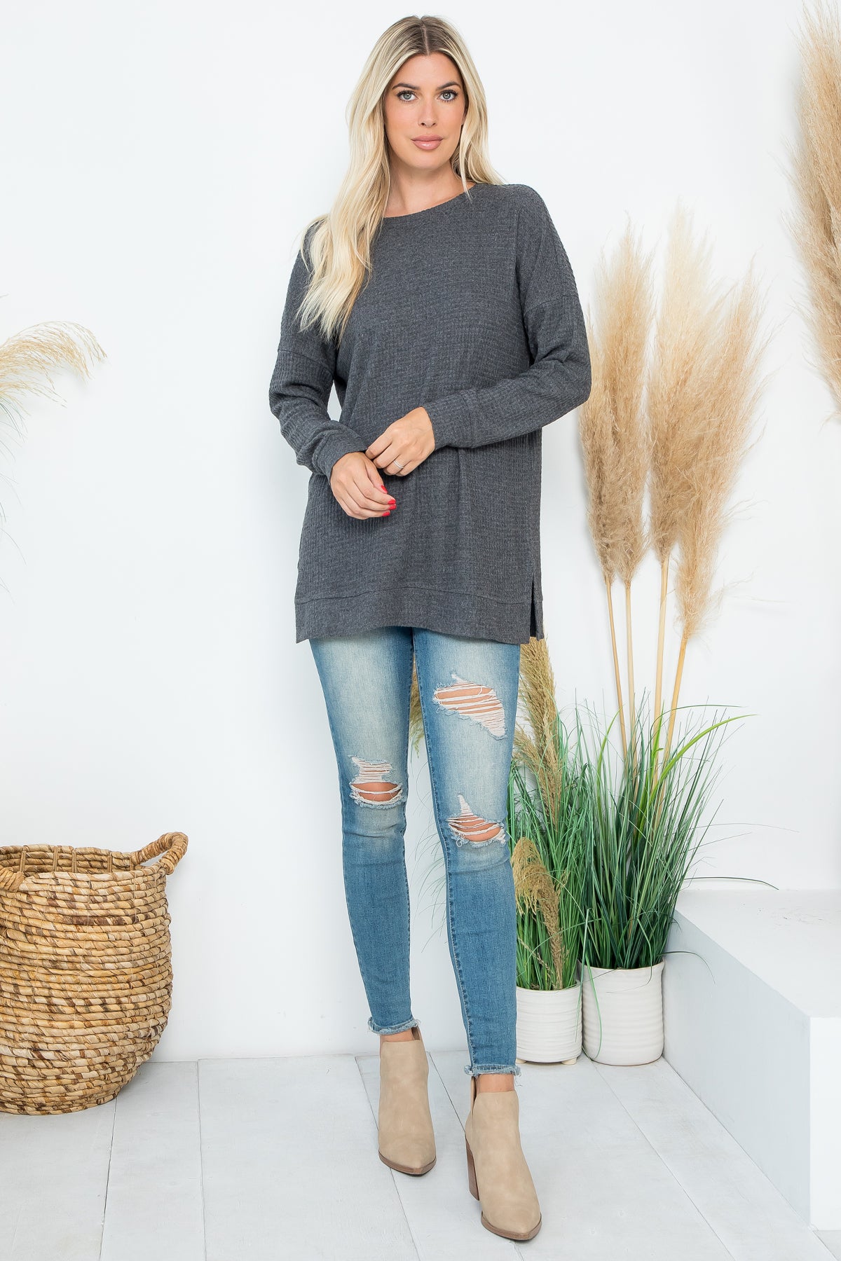 Brushed Waffle Round Neck Side Slit Sweater