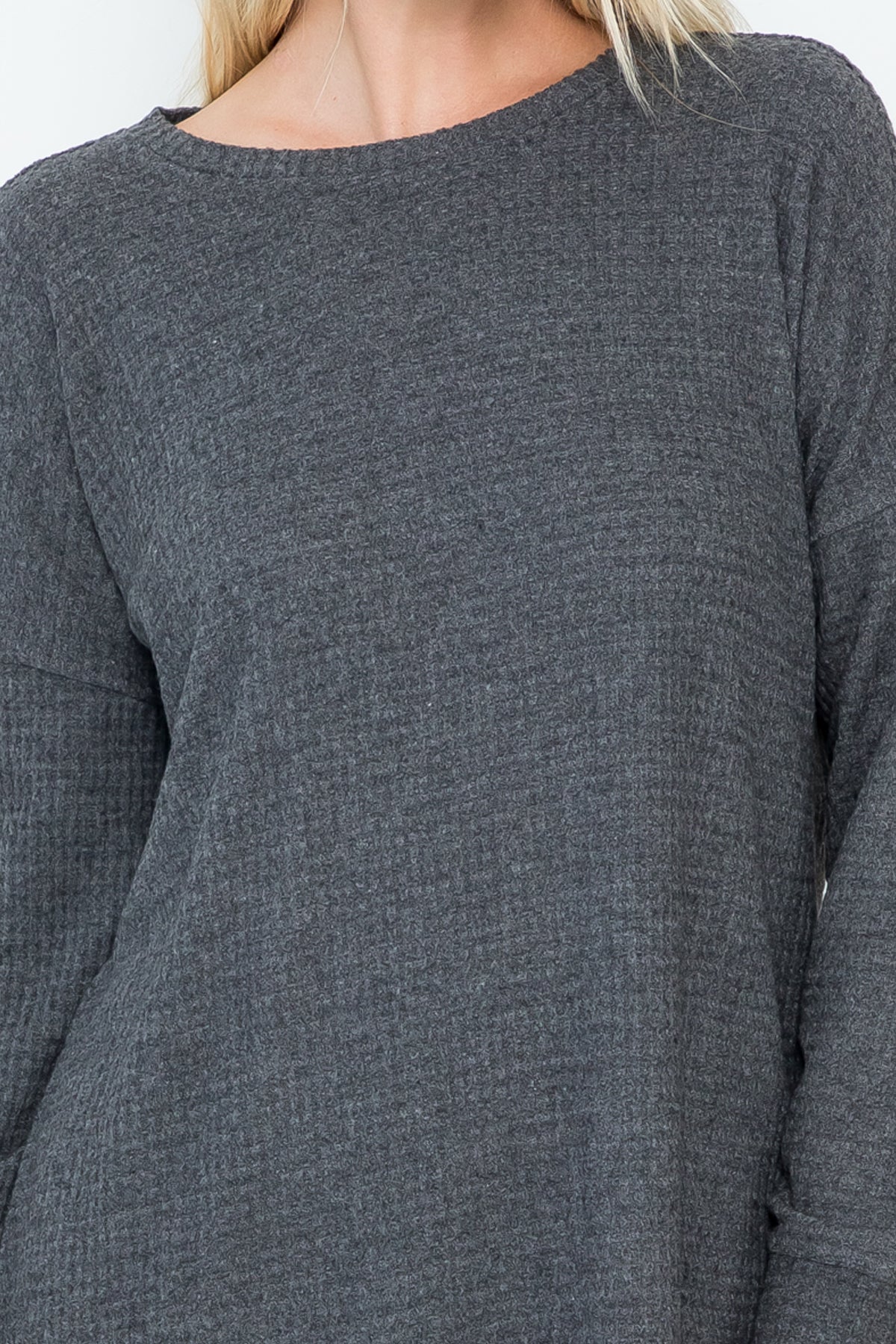 Brushed Waffle Round Neck Side Slit Sweater