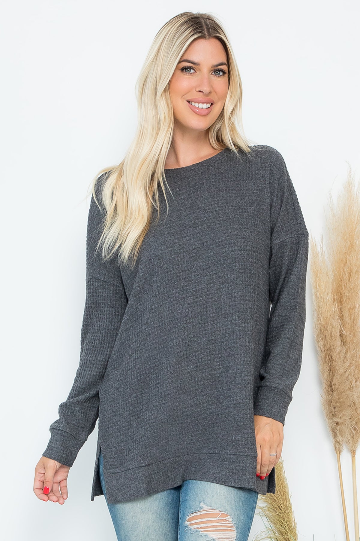 Brushed Waffle Round Neck Side Slit Sweater