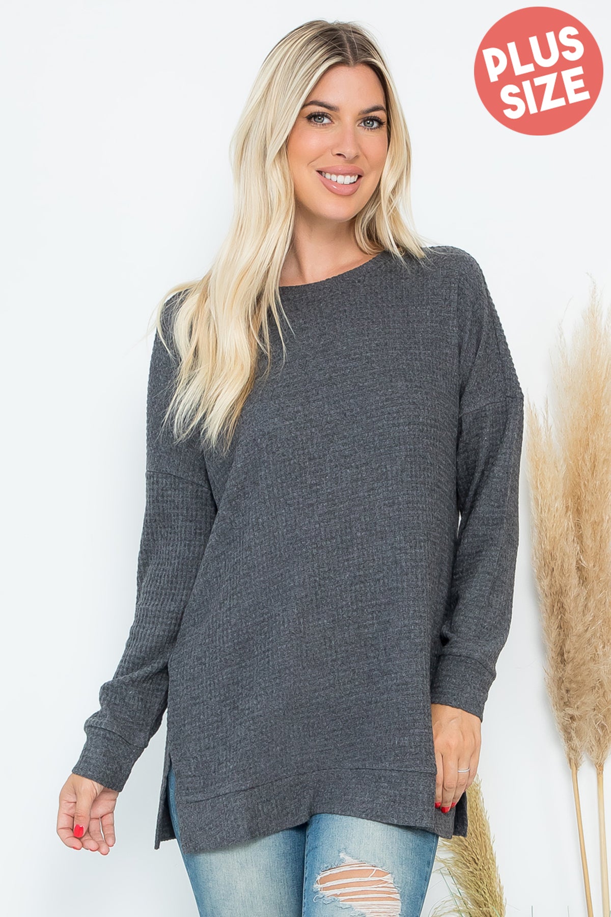 Plus Size Brushed Waffle Round Neck Side Slit Sweater
