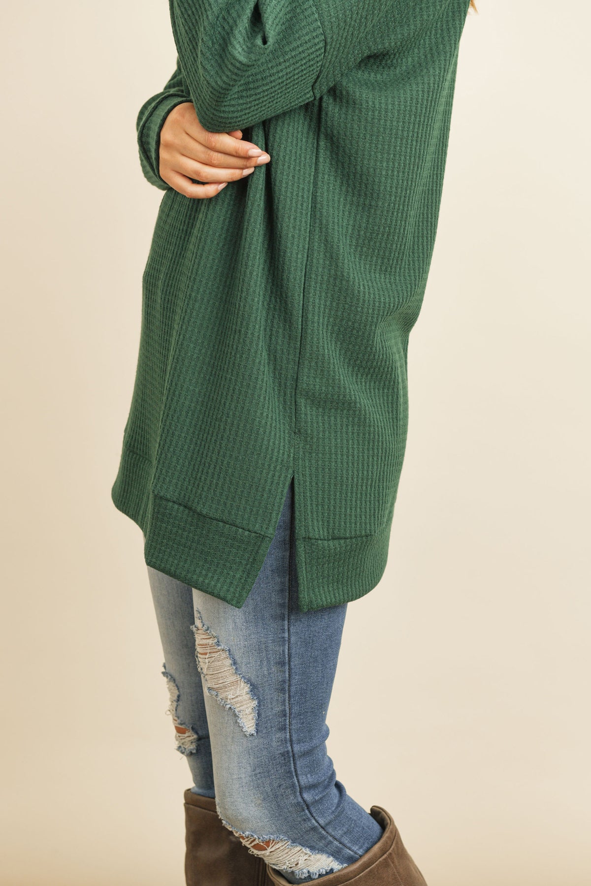 Brushed Waffle Round Neck Side Slit Sweater