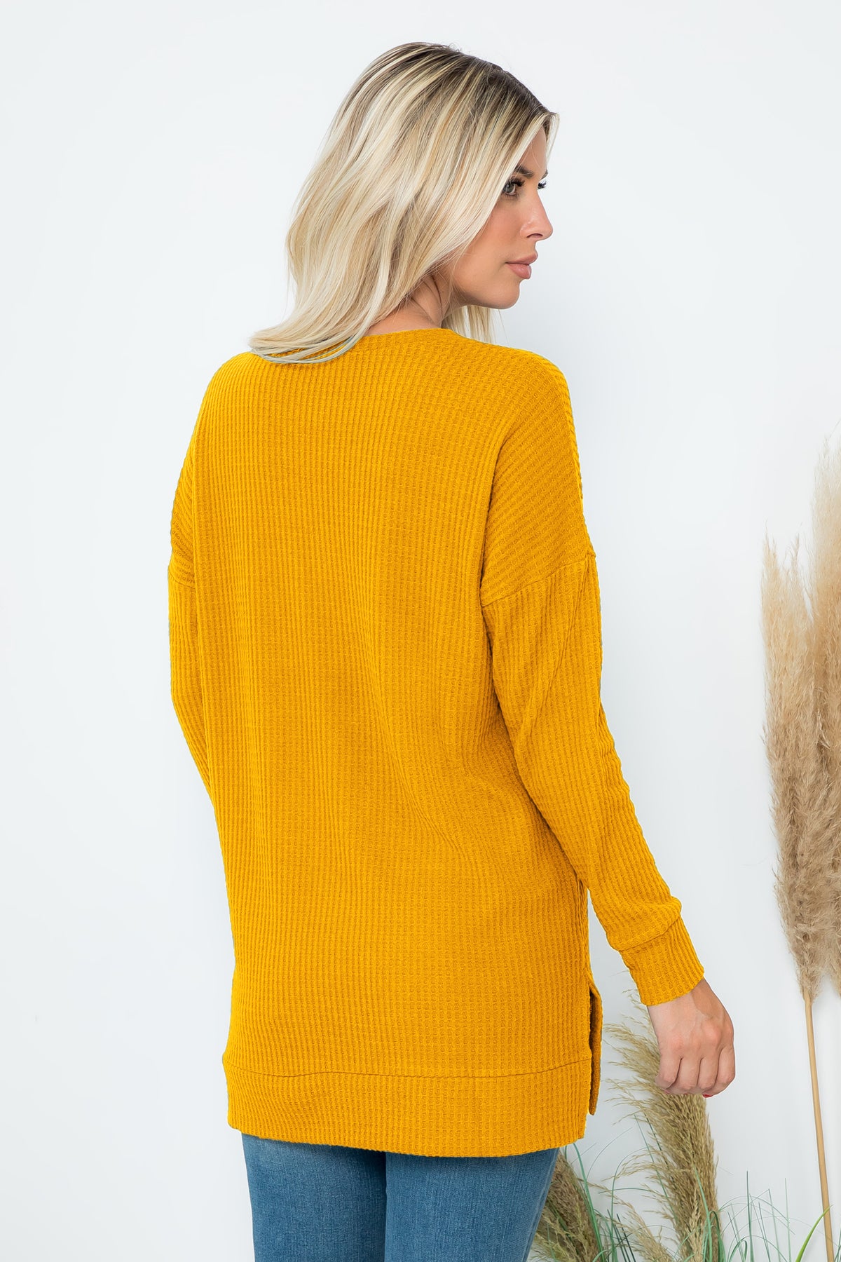 Plus Size Brushed Waffle Round Neck Side Slit Sweater