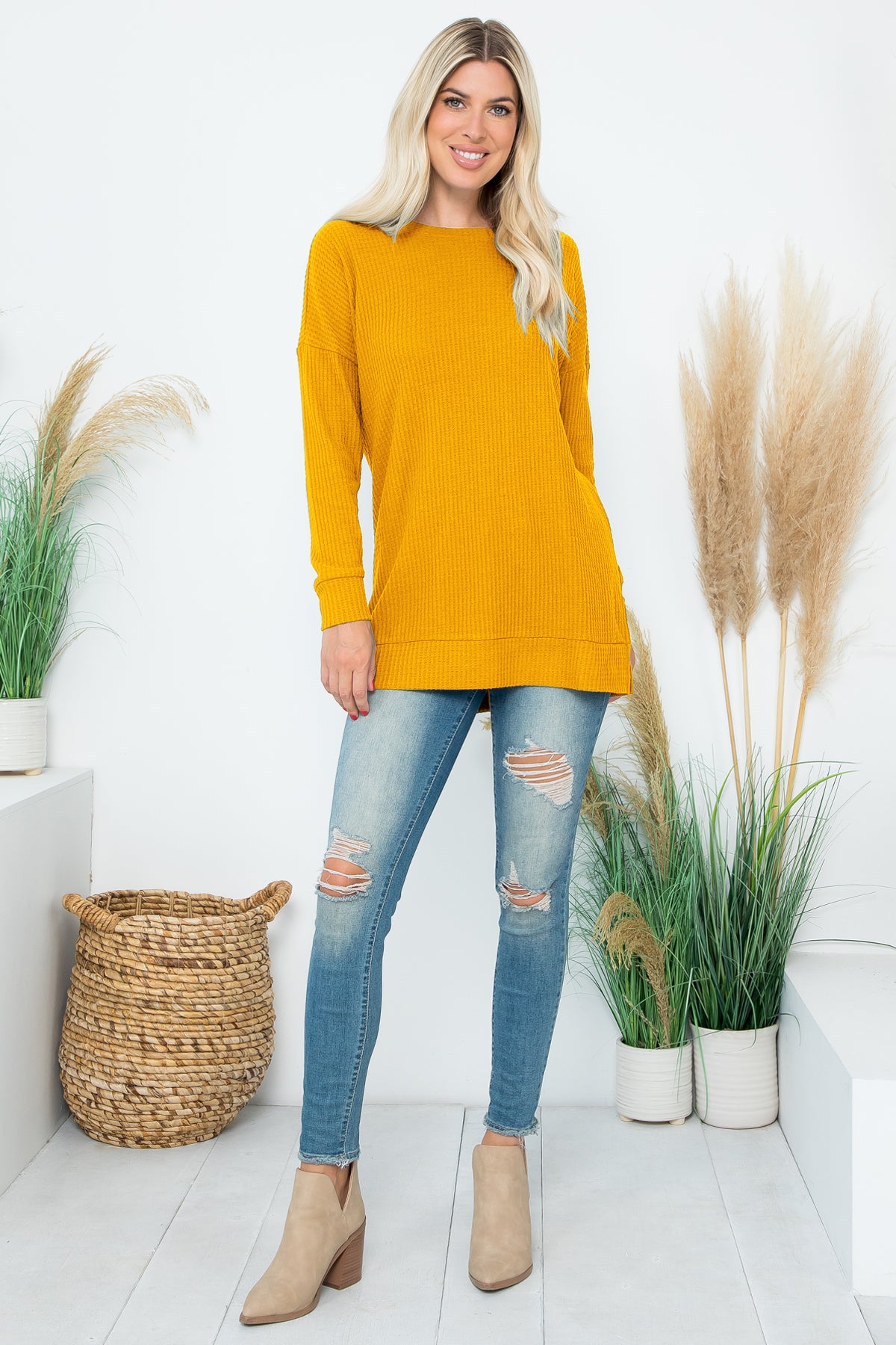 Plus Size Brushed Waffle Round Neck Side Slit Sweater