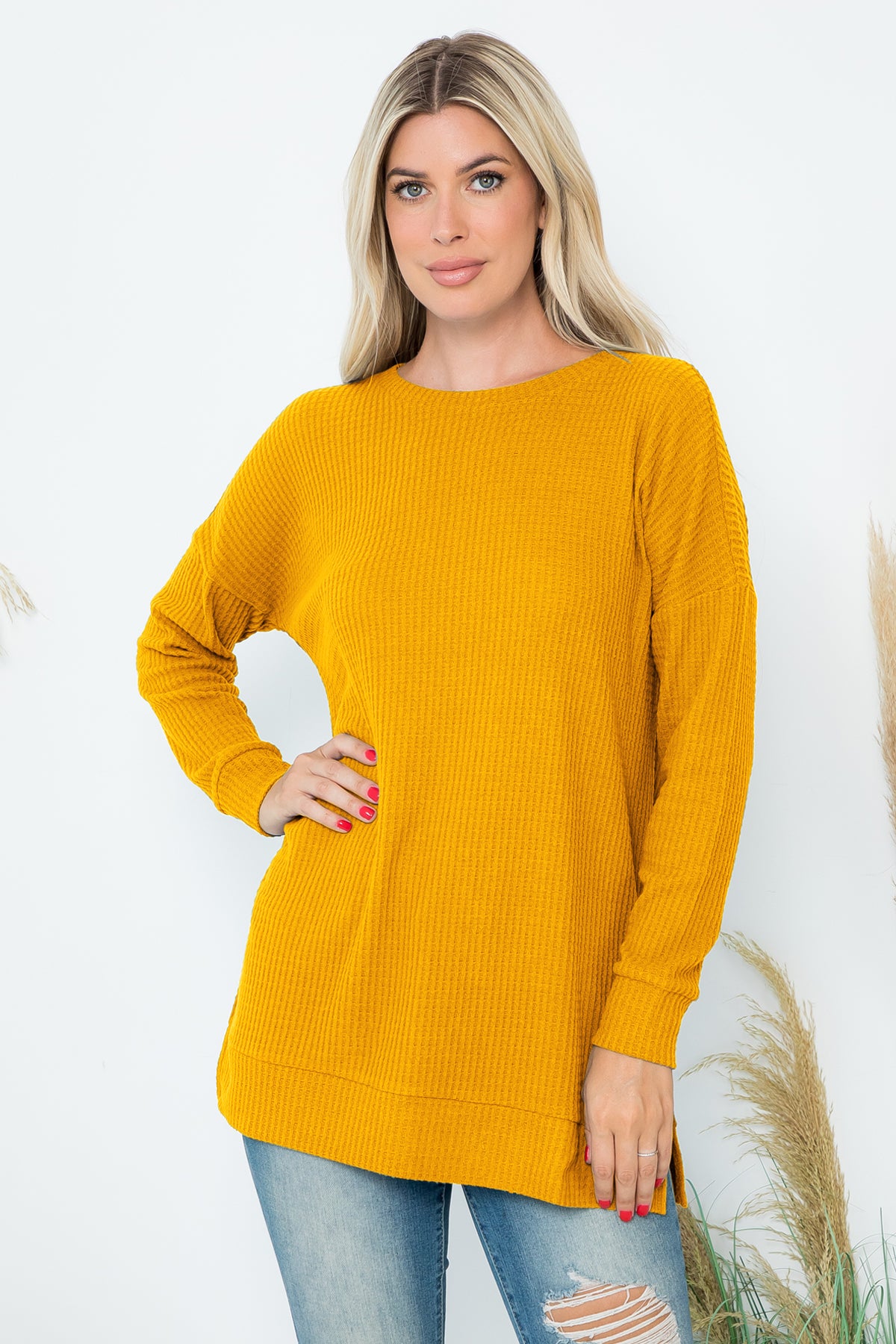 Brushed Waffle Round Neck Side Slit Sweater