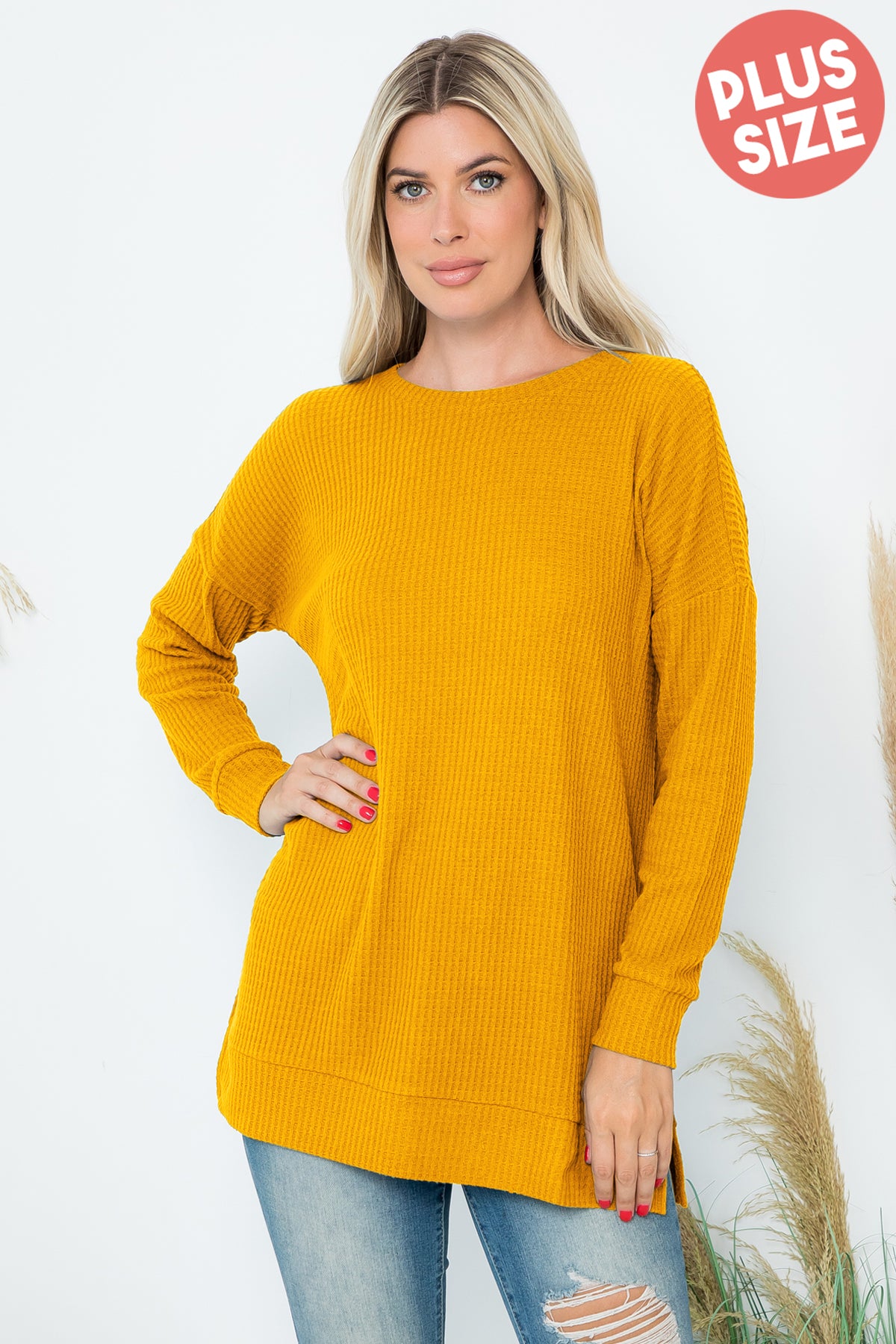 Plus Size Brushed Waffle Round Neck Side Slit Sweater