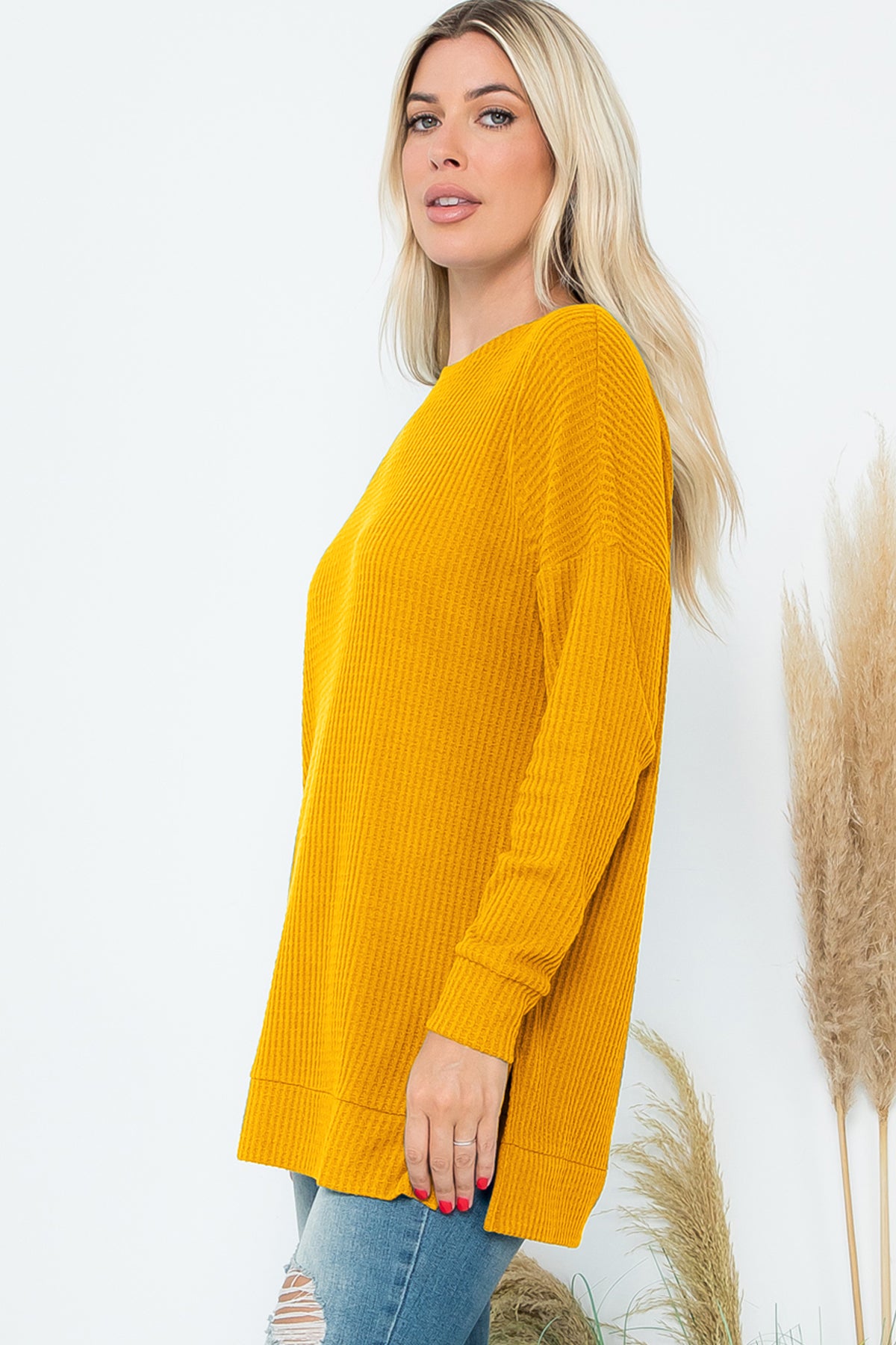 Brushed Waffle Round Neck Side Slit Sweater