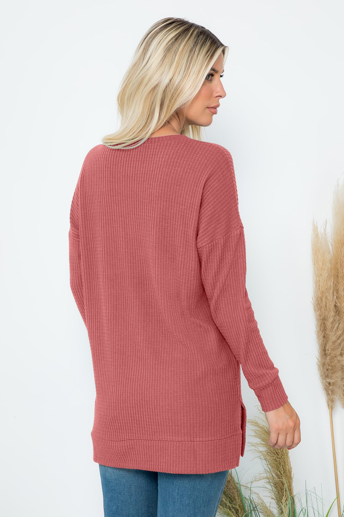 Plus Size Brushed Waffle Round Neck Side Slit Sweater