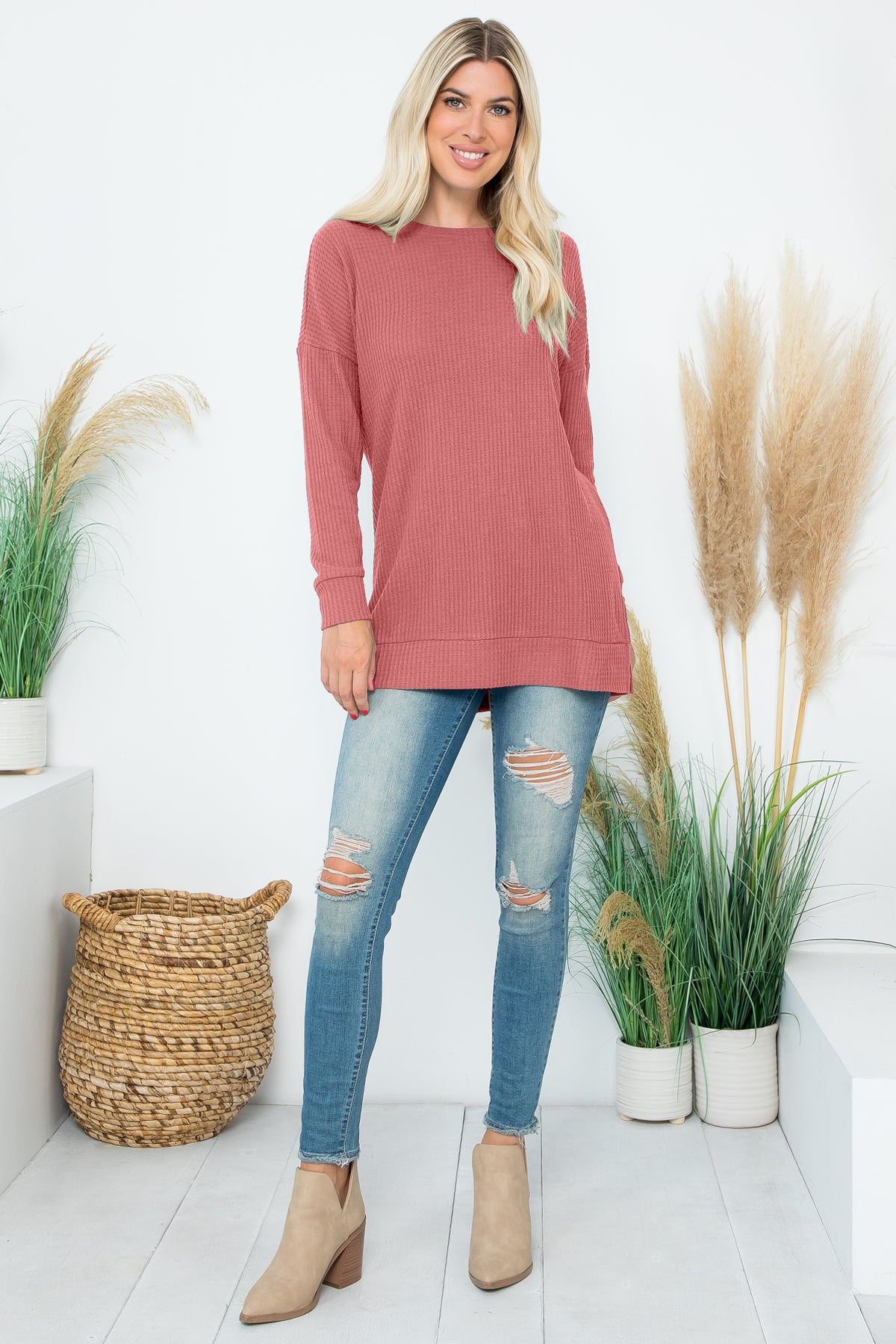 Brushed Waffle Round Neck Side Slit Sweater