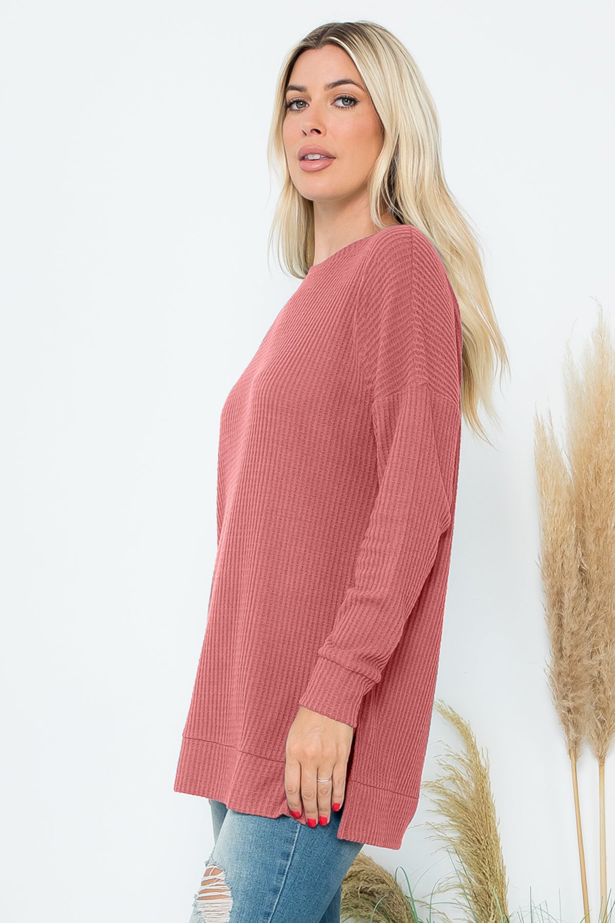 Brushed Waffle Round Neck Side Slit Sweater