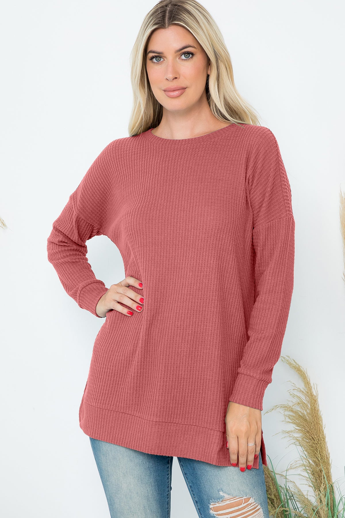 Brushed Waffle Round Neck Side Slit Sweater