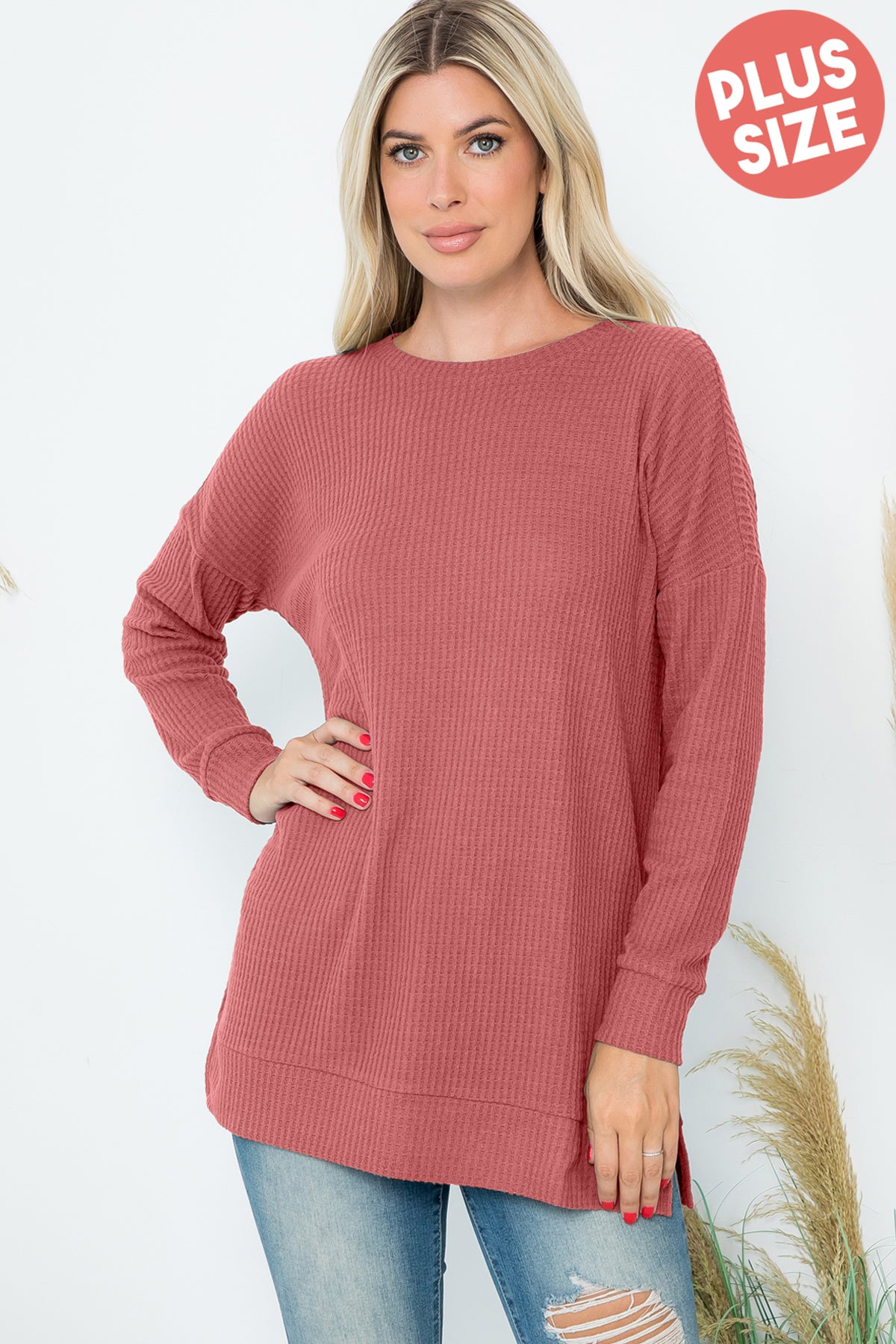 Plus Size Brushed Waffle Round Neck Side Slit Sweater