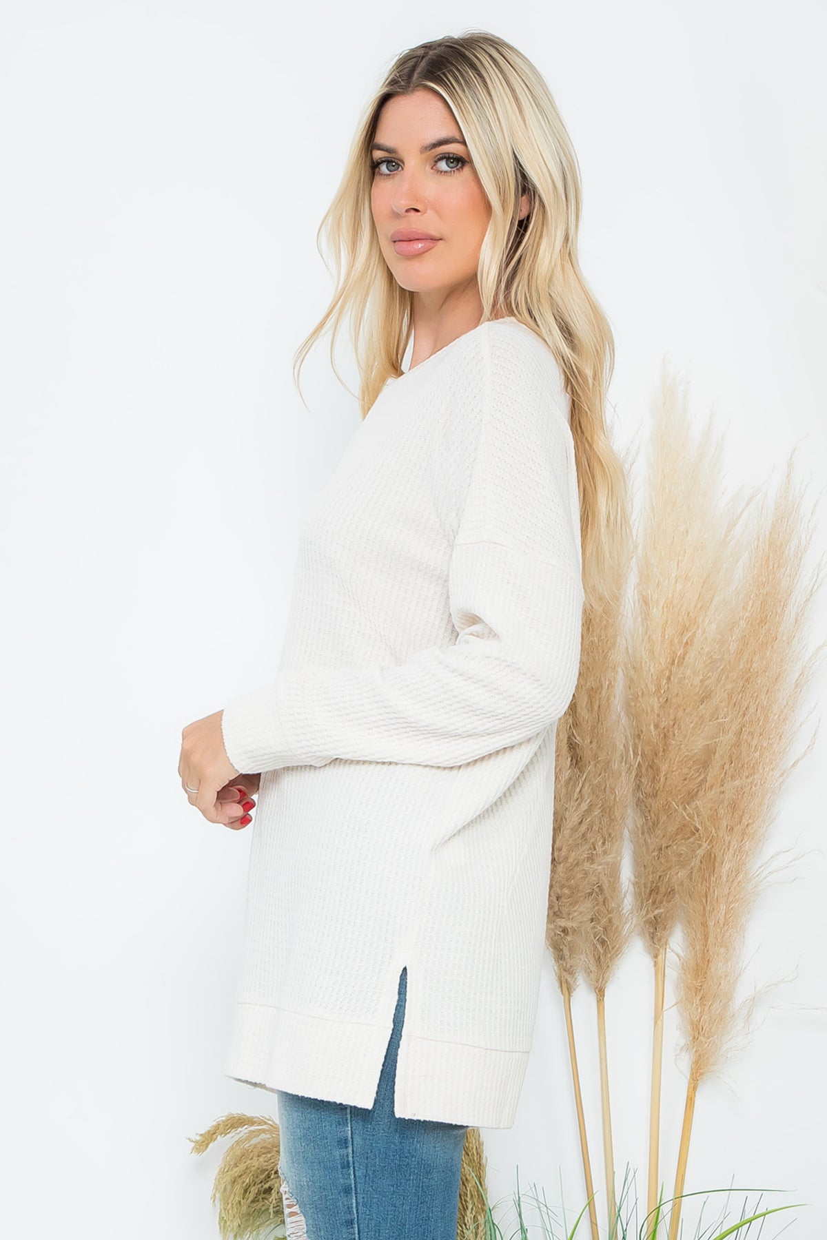 Brushed Waffle Round Neck Side Slit Sweater