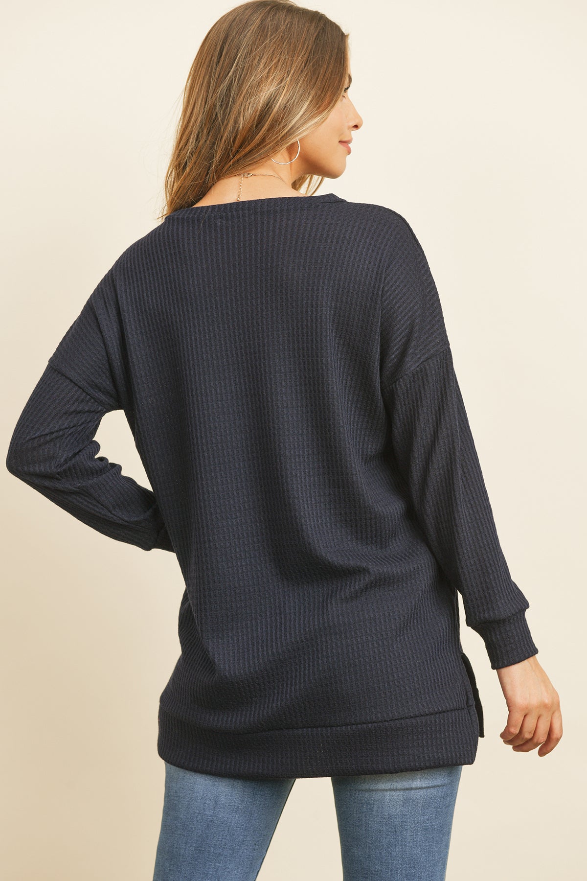 Brushed Waffle Round Neck Side Slit Sweater