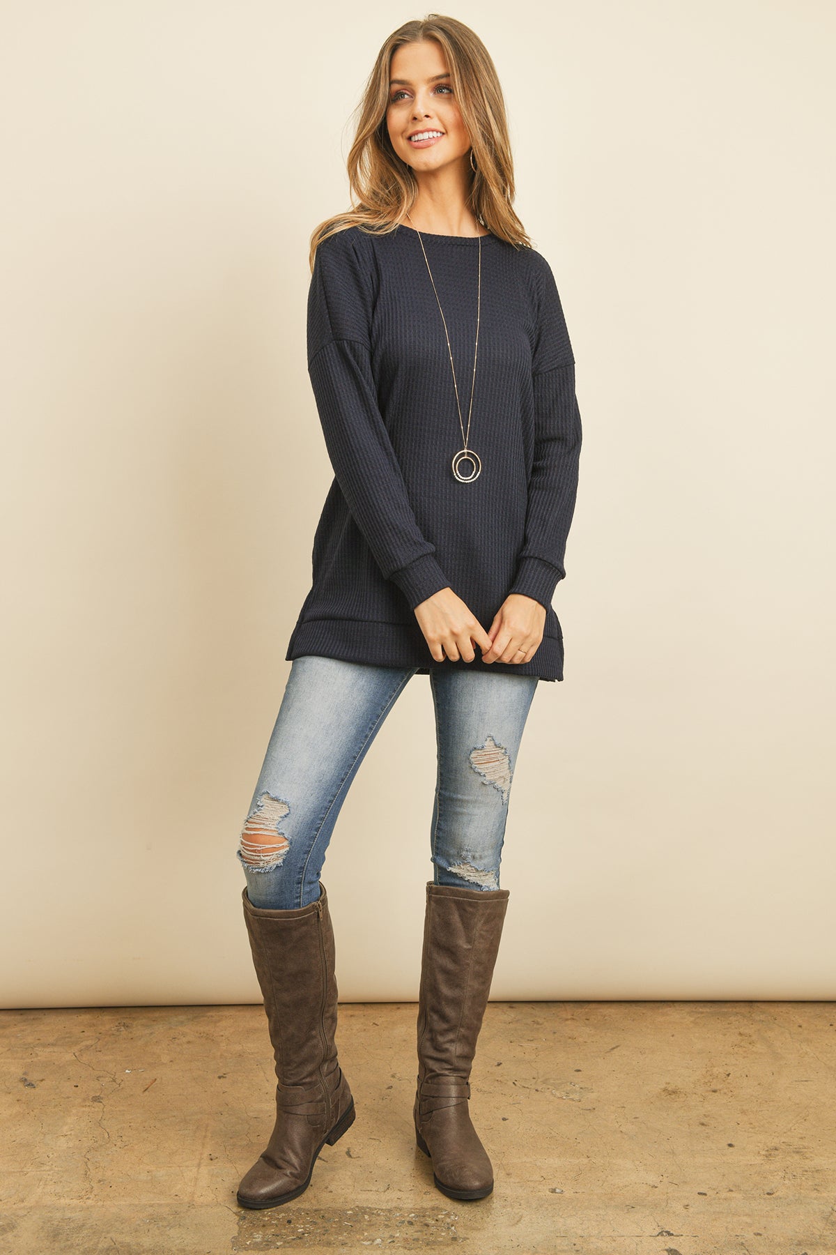 Brushed Waffle Round Neck Side Slit Sweater