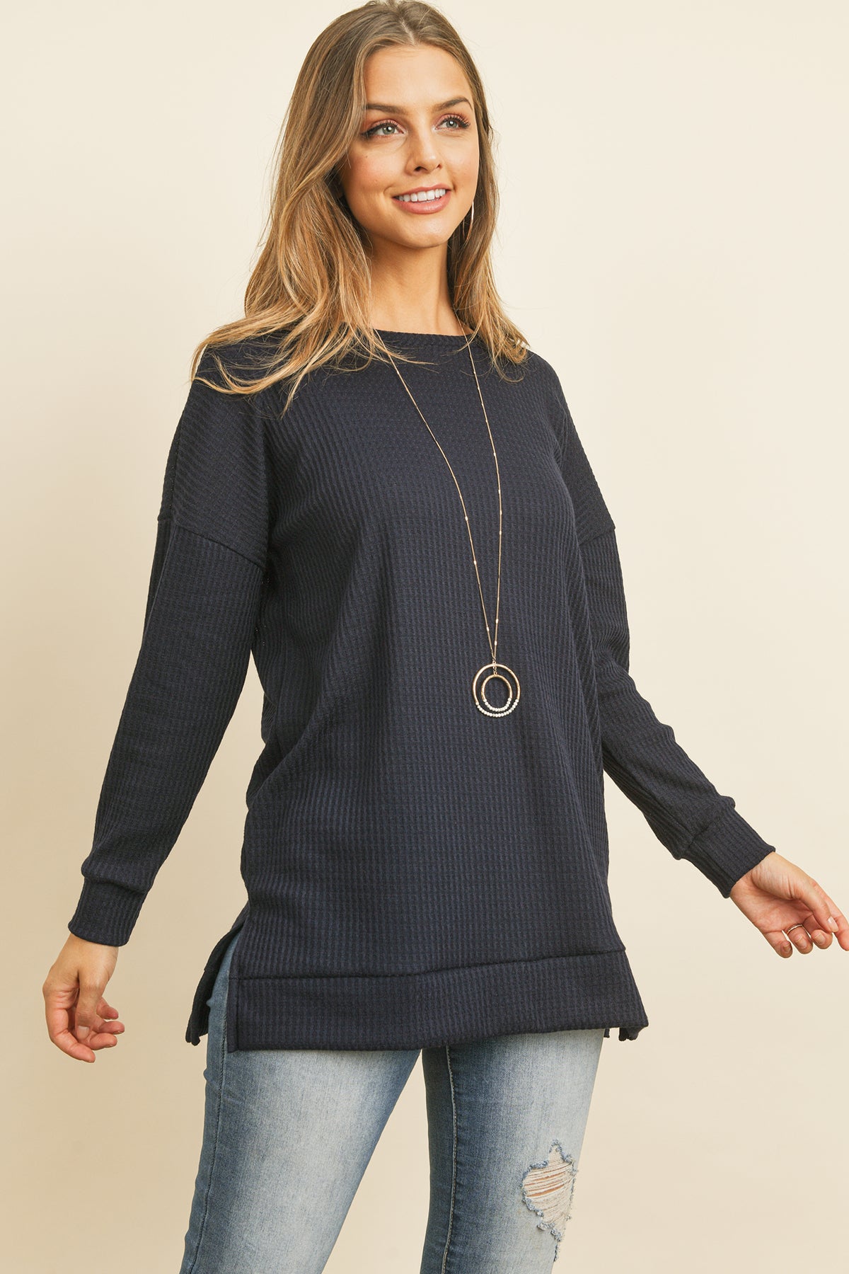 Brushed Waffle Round Neck Side Slit Sweater