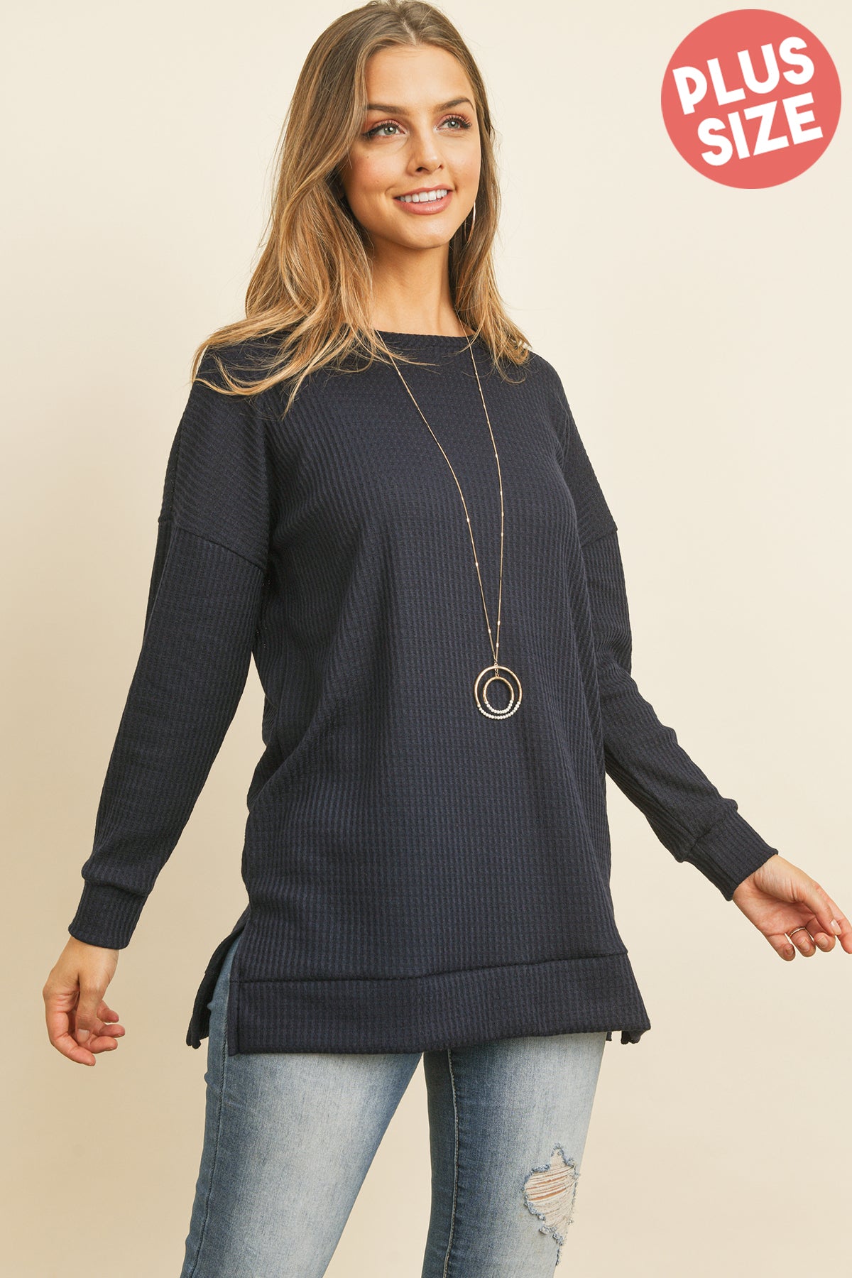 Plus Size Brushed Waffle Round Neck Side Slit Sweater