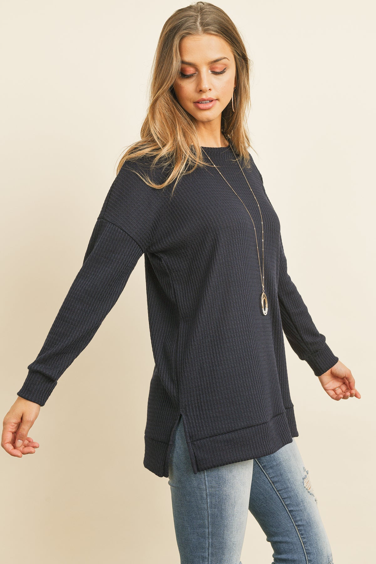 Brushed Waffle Round Neck Side Slit Sweater