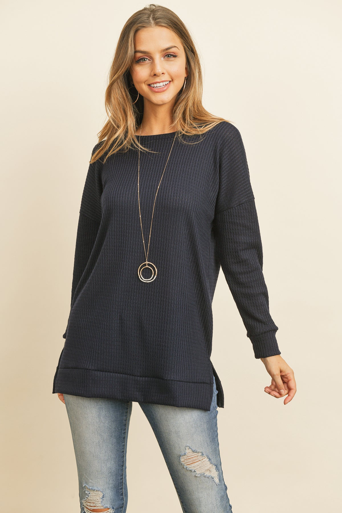 Plus Size Brushed Waffle Round Neck Side Slit Sweater
