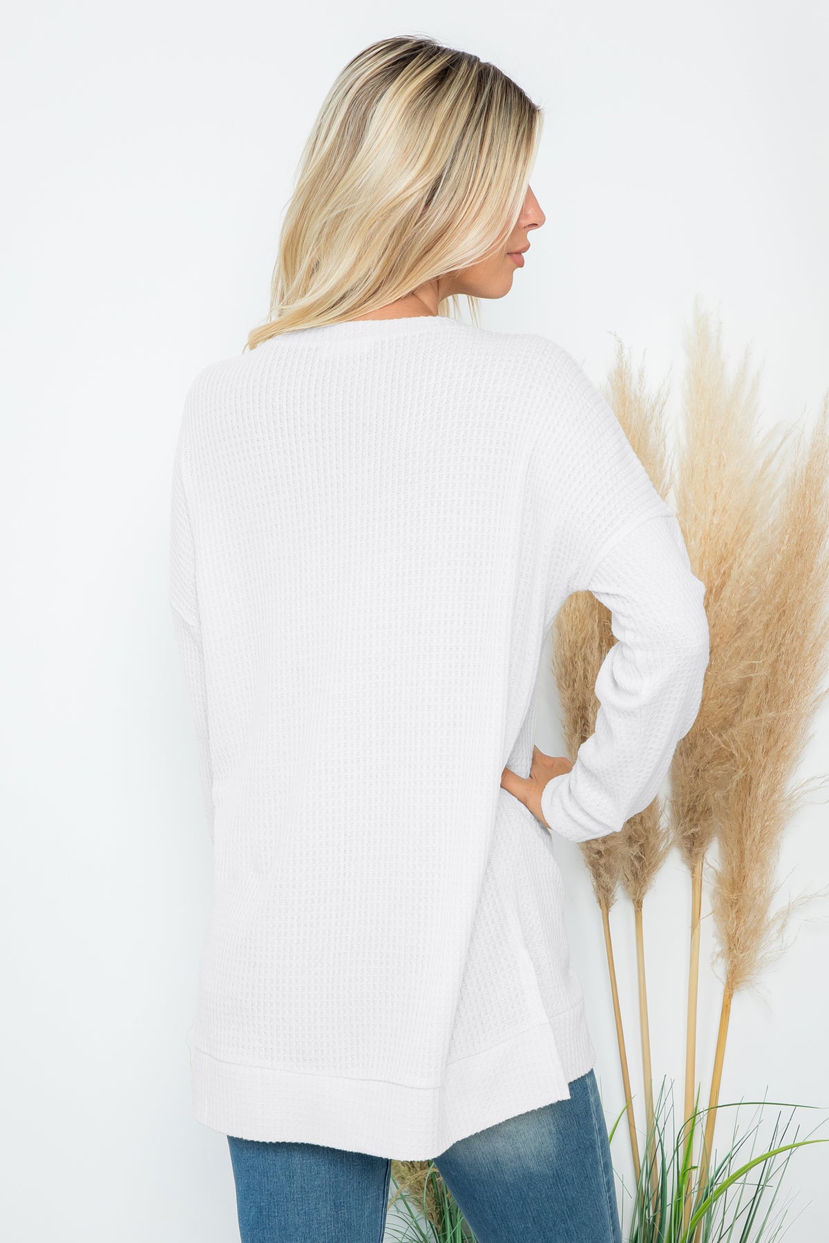 Plus Size Brushed Waffle Round Neck Side Slit Sweater