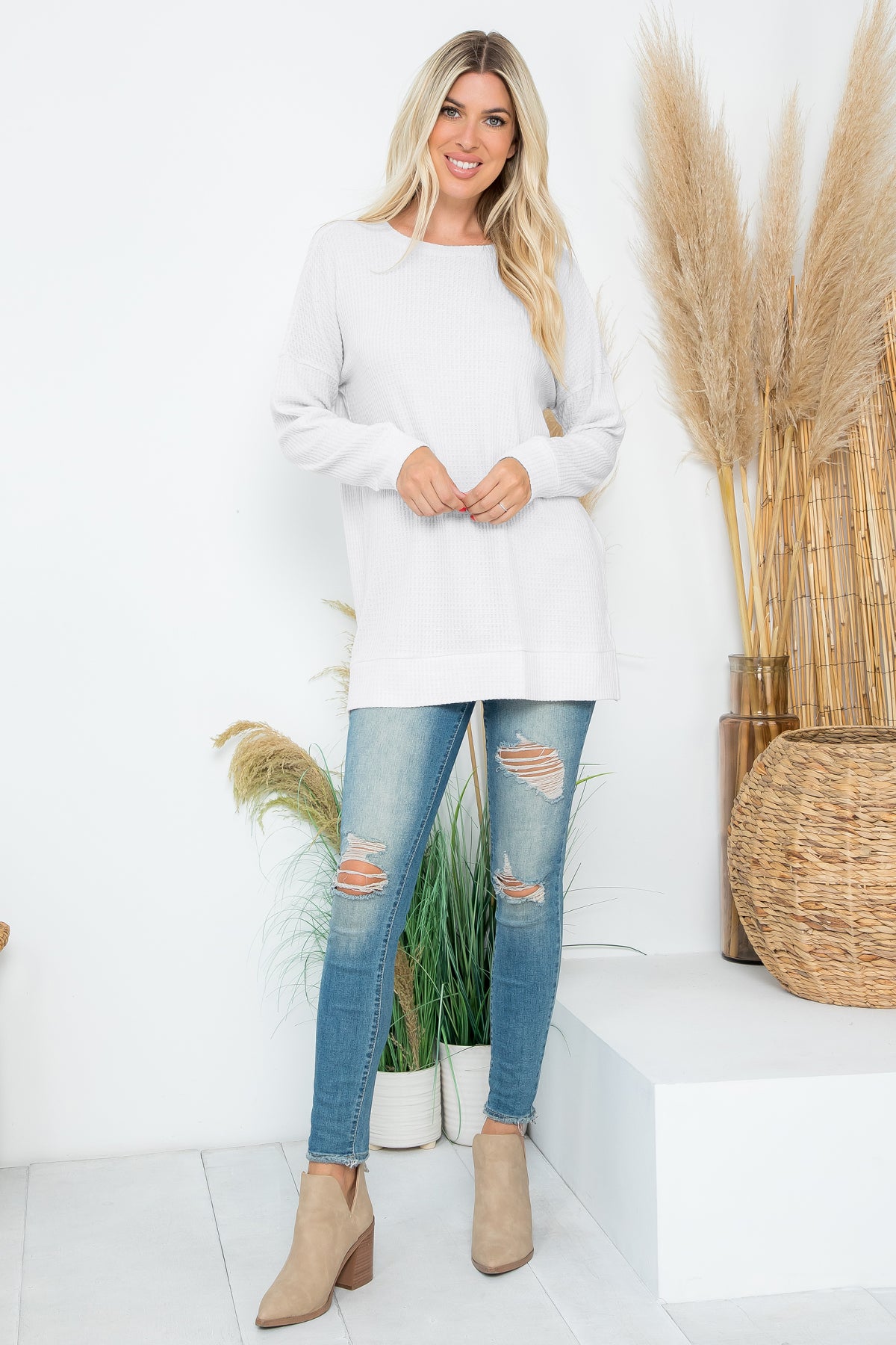 Brushed Waffle Round Neck Side Slit Sweater