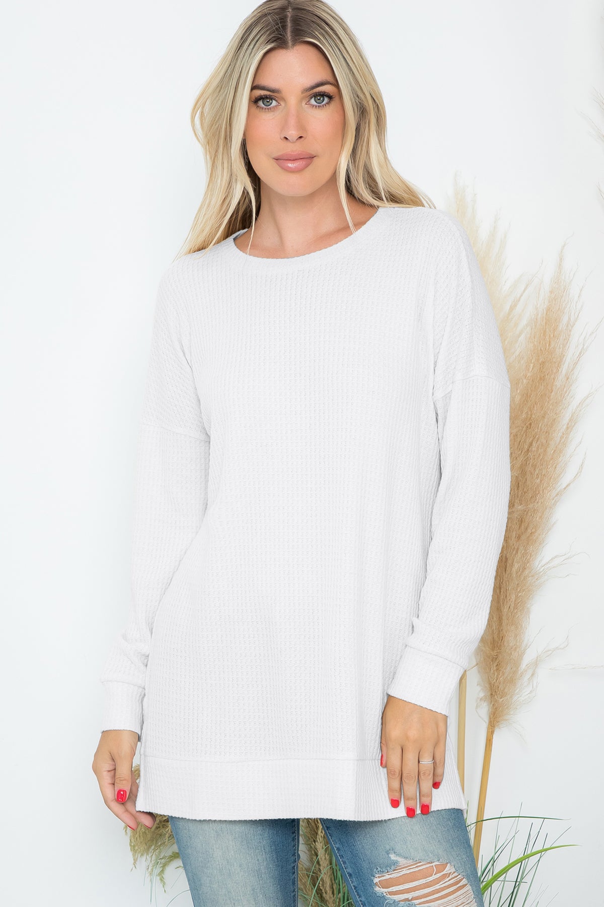 Brushed Waffle Round Neck Side Slit Sweater