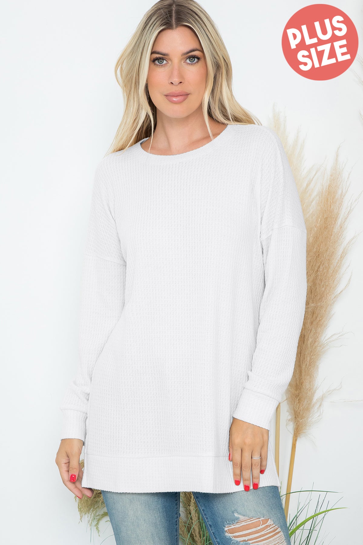 Plus Size Brushed Waffle Round Neck Side Slit Sweater