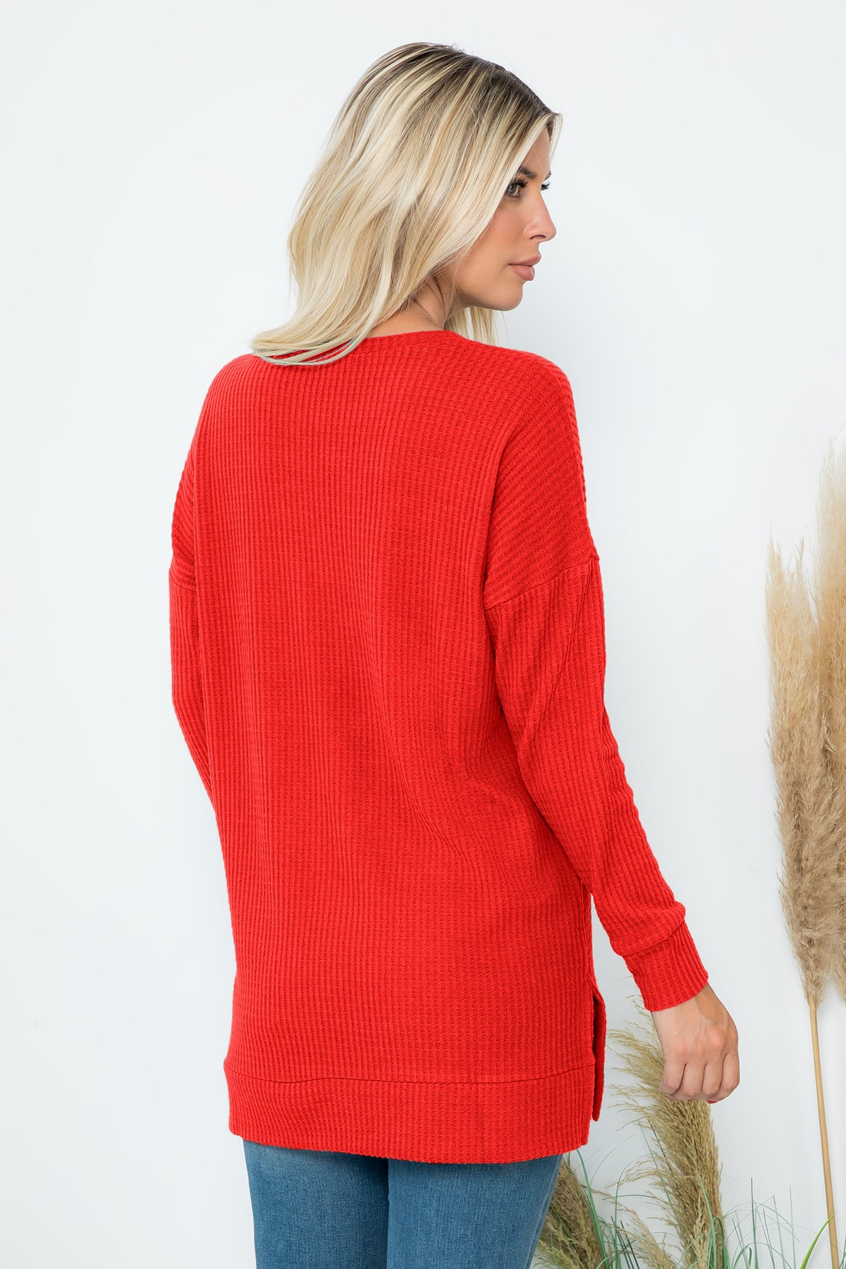 Brushed Waffle Round Neck Side Slit Sweater