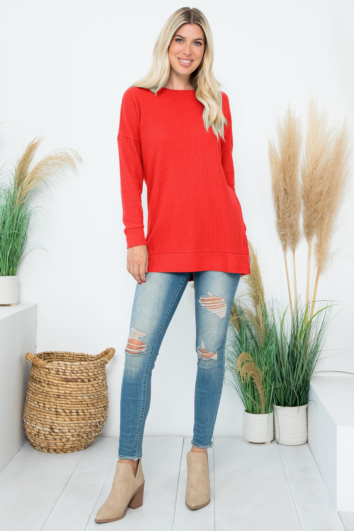 Plus Size Brushed Waffle Round Neck Side Slit Sweater