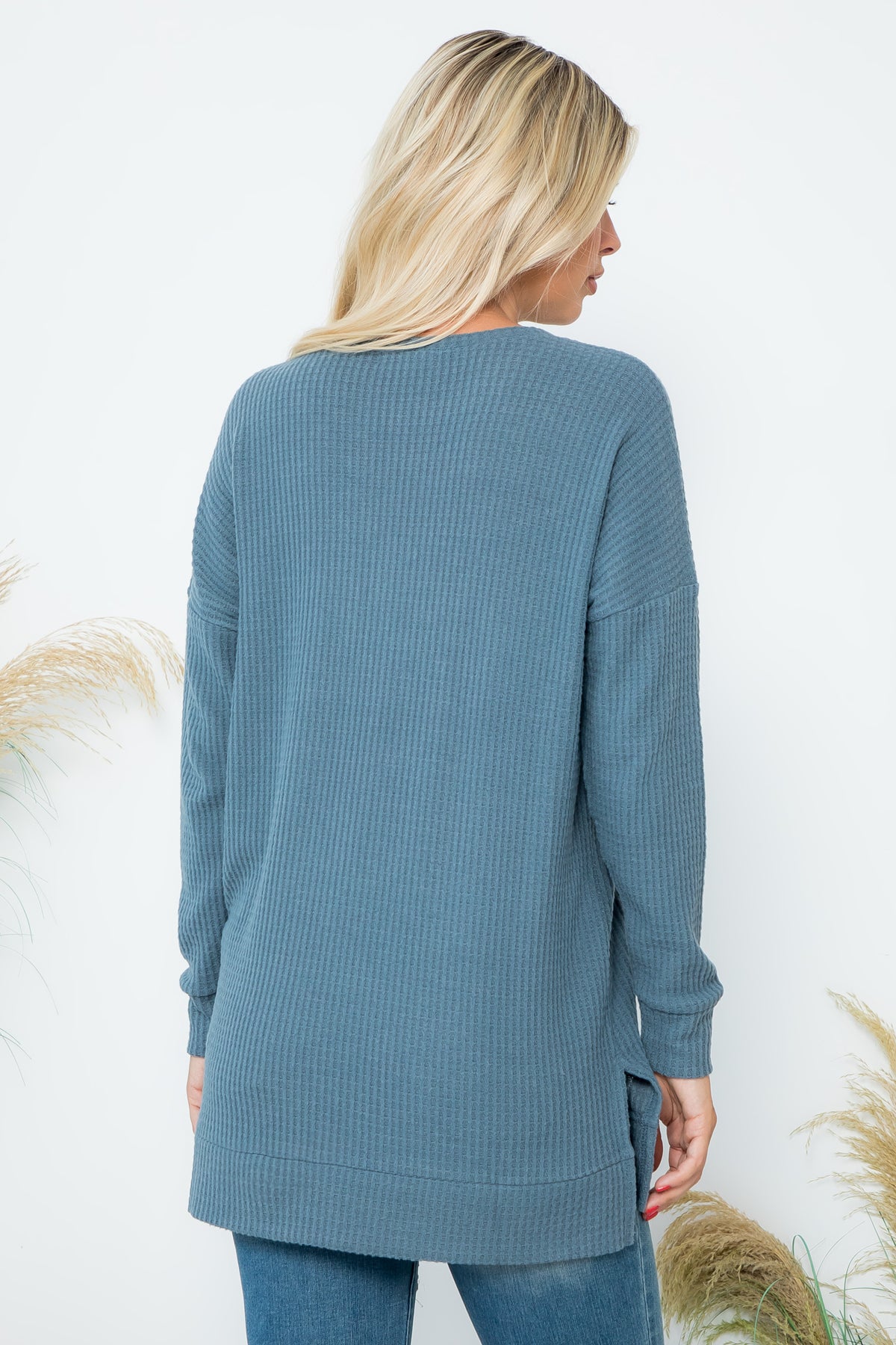 Plus Size Brushed Waffle Round Neck Side Slit Sweater